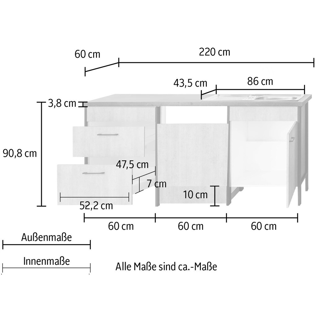 OPTIFIT Küchenzeile »Tokio«, ohne E-Geräte, Breite 192 cm, mit Stahlgestell, mit Vollauszügen