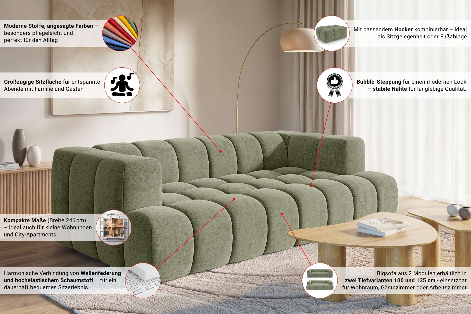 homsy by Ana Johnson Big-Sofa »»XL« BOUBELLE Design-Sofa extra tief, Bubble-Optik, Breite 246 cm« 4-Sitzer mit Wellenunterfederung, XL Sitztiefe 100 cm