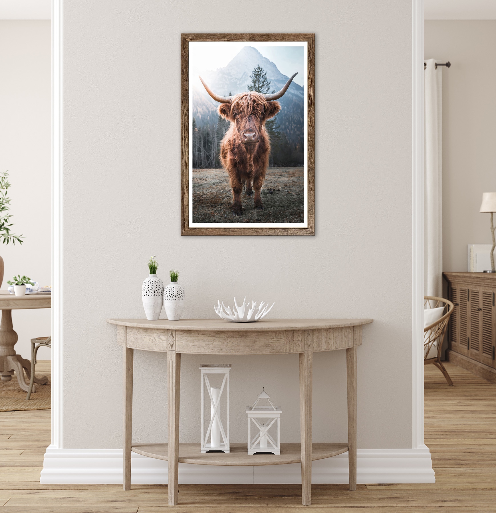 Bönninghoff Bild mit Rahmen »Wandbild gerahmt HOCHLANDRIND 50x70 cm – Rustikale Tierdeko aus den« Berge | Hochlandrind | Landschaft | Natur | Tiere 1 Stk. tlg. mit dekorativem Rahmen