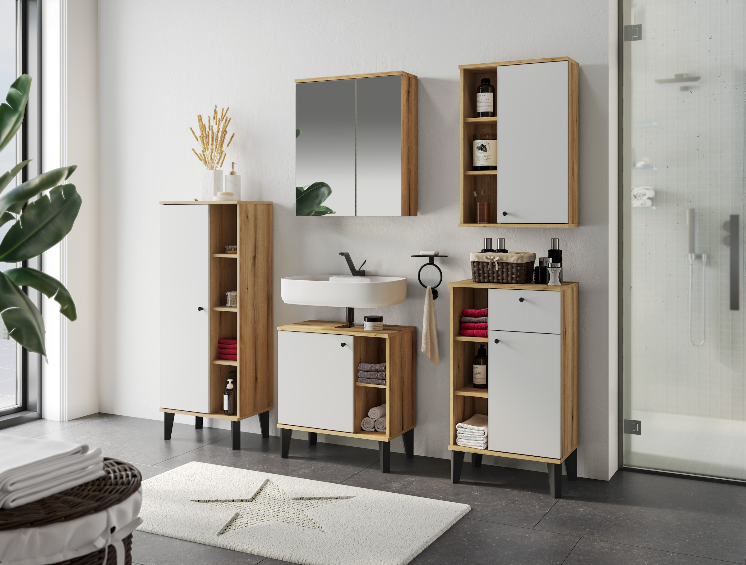 INOSIGN Badspiegel »Oslo, Spiegelschrank in Eiche Evoke, Spiegel im skandinavischen Design«, Aufbewahrungsschrank mit 2 Spiegeltüren, wahlweise mit LED