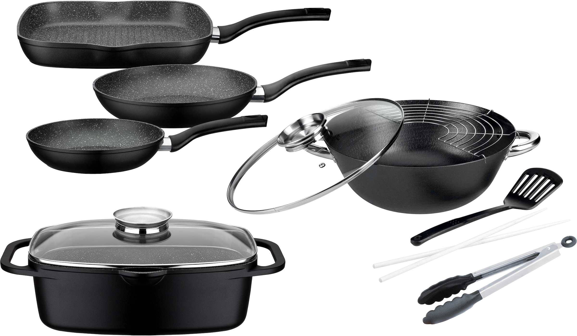 tlg., 1 Kochzange, Pfannenwender), Topf-Set »Gourmet Induktion Aluminiumguss, 3 Pfannen, Multi-Wok, Jahren 7 1 Garantie 1 Bräter, GSW (3 mit (Set, XXL 1 Granit«,