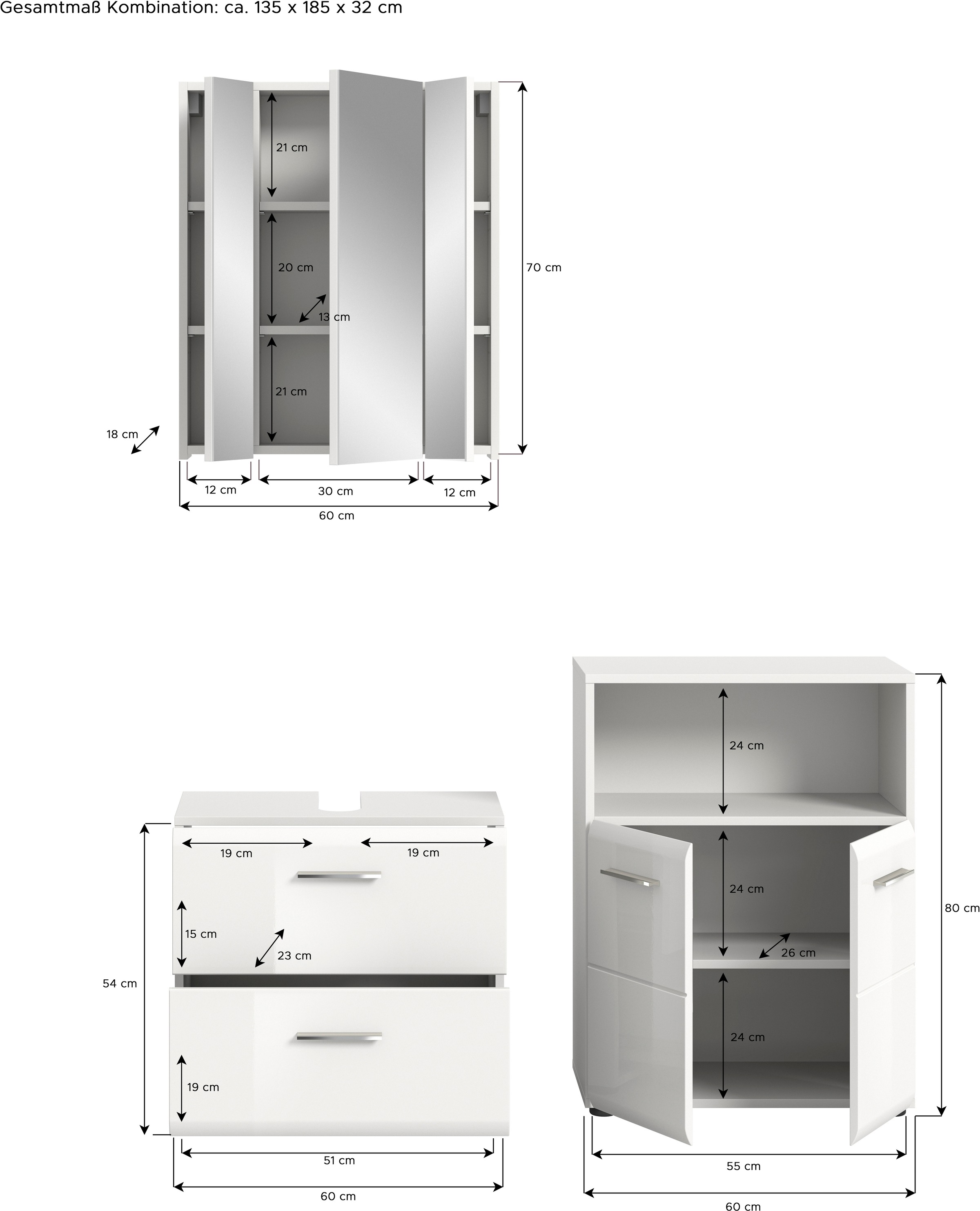 INOSIGN Badmöbel-Set »FLORENZ, TOPSELLER!, 3-teilige Badkombination, hochwertige MDF-Front«, (best. aus: Waschbeckenunterschrank, Spiegelschrank, Midischrank breit), Bad-Kombination, Bad-Möbel, Badezimmer, Kombination, Kombi