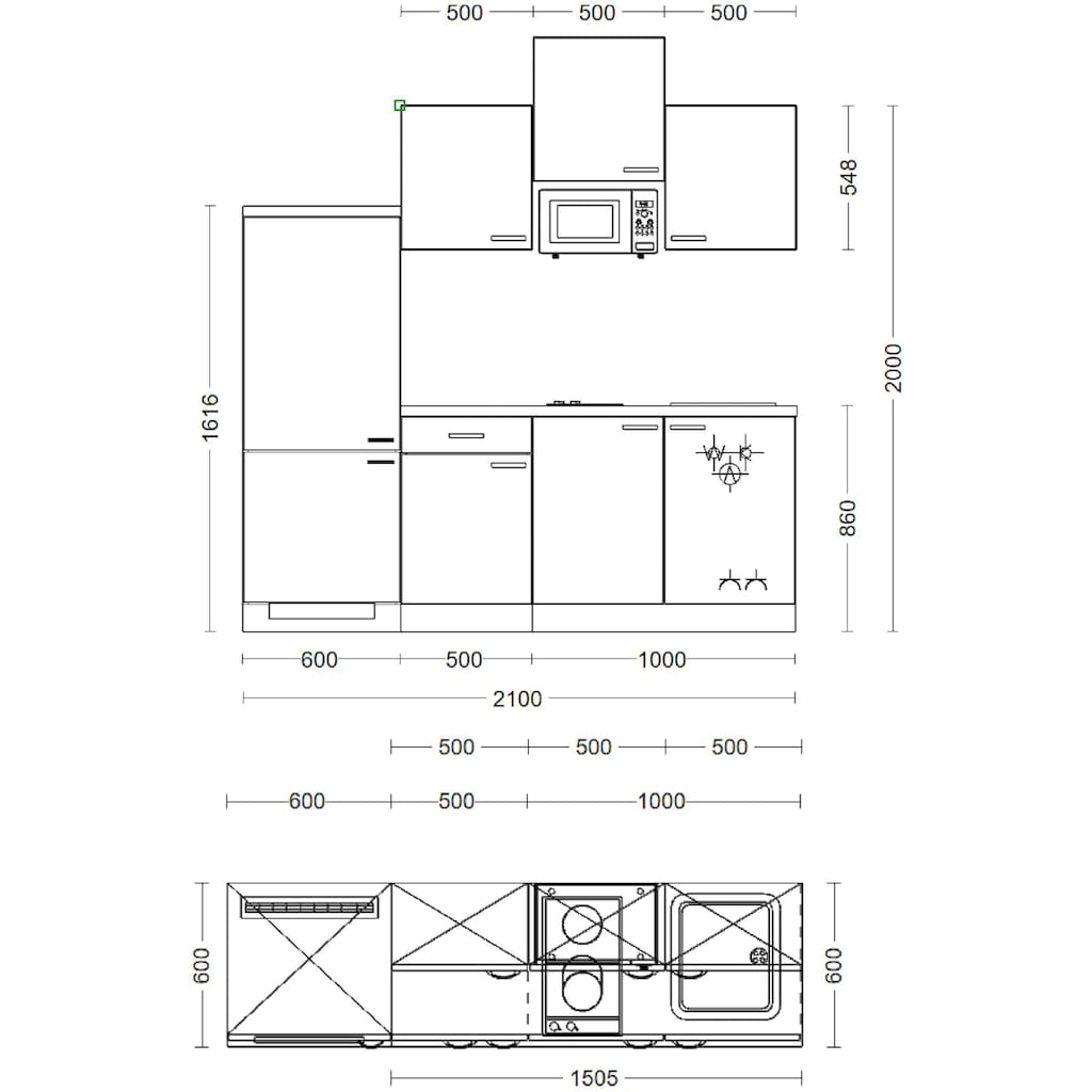 Flex-Well Küche »Oregon«, Breite 210 cm, mit Kühlgerät und Glaskeramikkochfeld sowie Mikrowelle