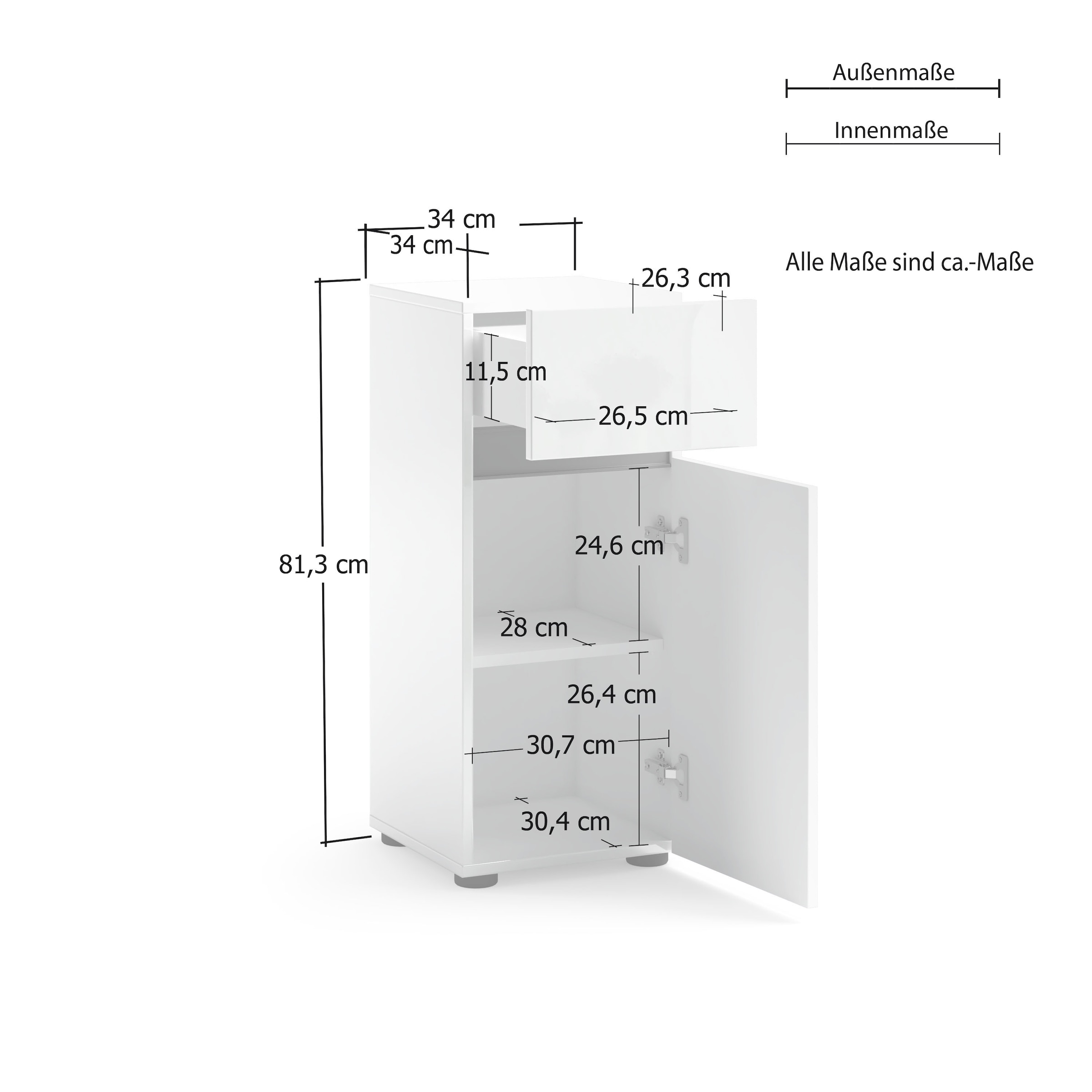 welltime Stauraumschrank »MISTER, Bad-Schrank, Breite 34 cm, 1 Tür, 1 Schublade, 2 Fächer« Hochglanz lackiert, Soft-Close Funktion, Made in Italy