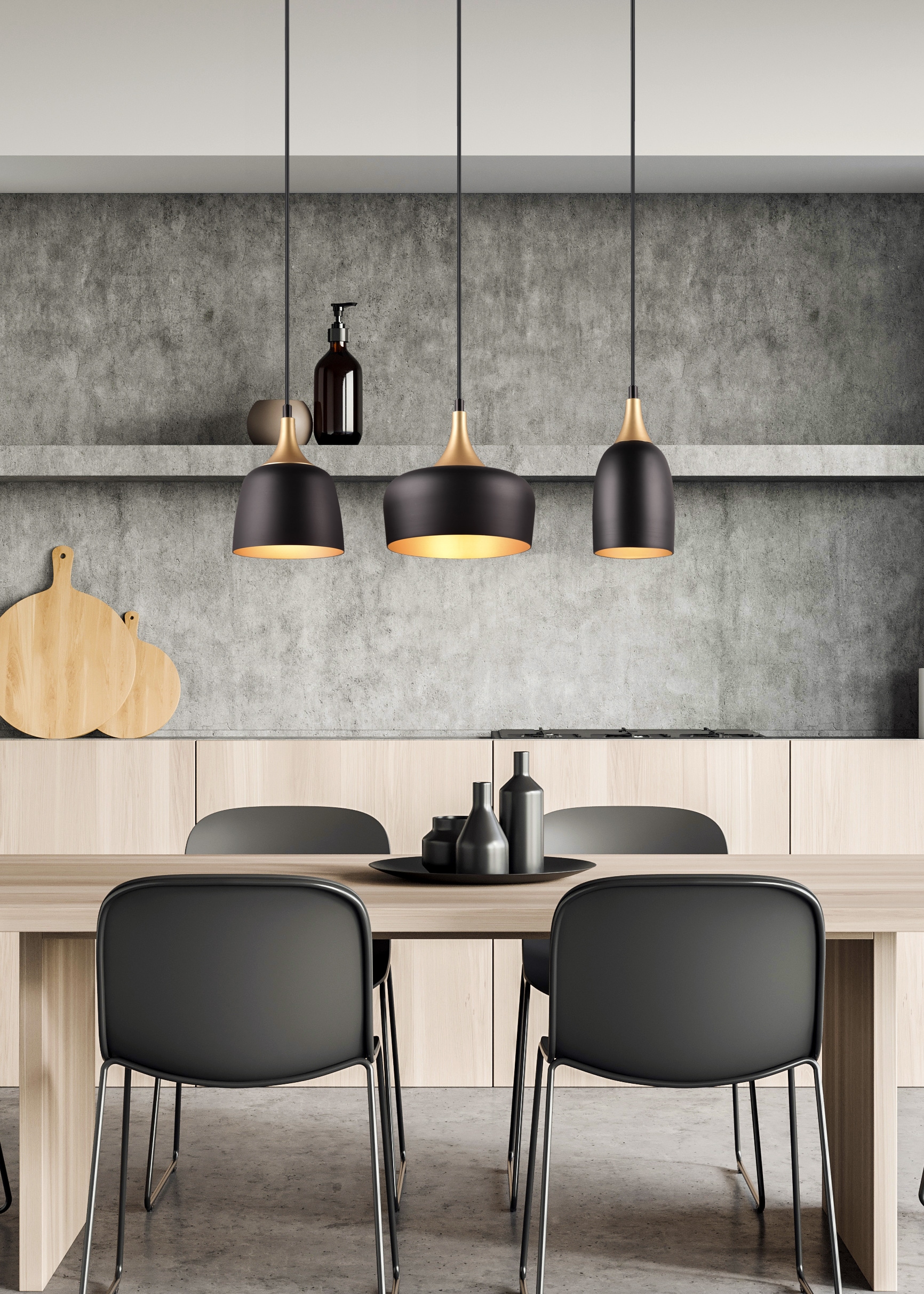 TRIO Leuchten Pendelleuchte »CHIRAZ, Hängeleuchte 3-flammig schwarz messing gold max 150cm Höhe«, 3 flammig, Leuchtmittel E14 | Leuchtmittel wechselbar, Hängelampe exkl 3x E14 max 25W, Industrie Loft Stil 3 Schirmformen