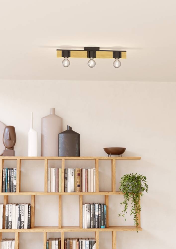 EGLO Deckenleuchte »BAILRIGG Deckenlampe, Stahl und Holz, E27, Flurlampe, Wohnzimmerlampe«, 3 flammig, Leuchtmittel E27 | ohne Leuchtmittel, Holz in Natur und Metall in Schwarz, Deckenspot mit E27 Fassung