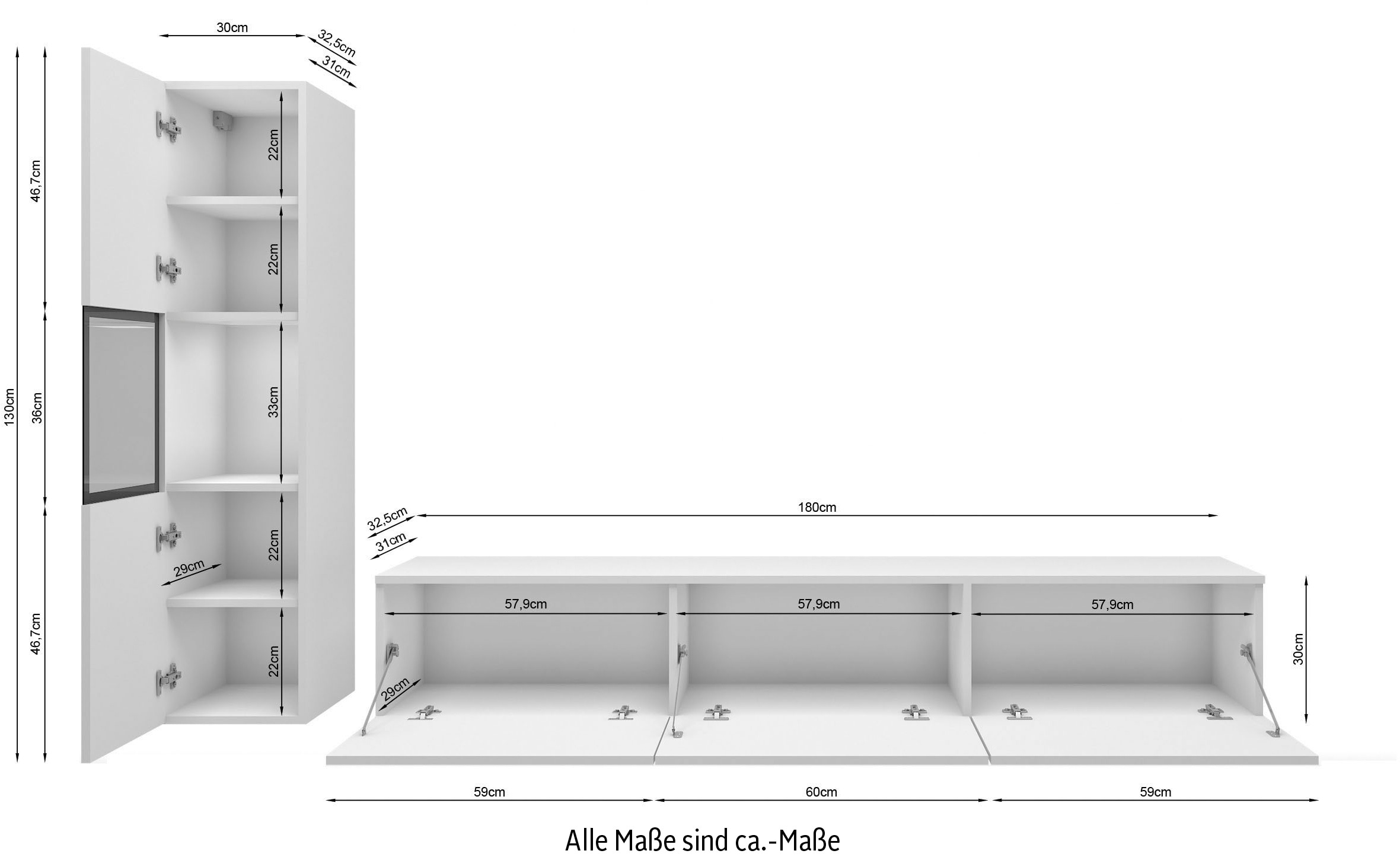 INOSIGN Wohnwand »BERLIN I, Vitrine Türschlag links/rechts wechselbar«, (Komplett-Set, 2 St.), moderne grifflose Mediawand Breite 220 cm, Vitrine mit Verglasung