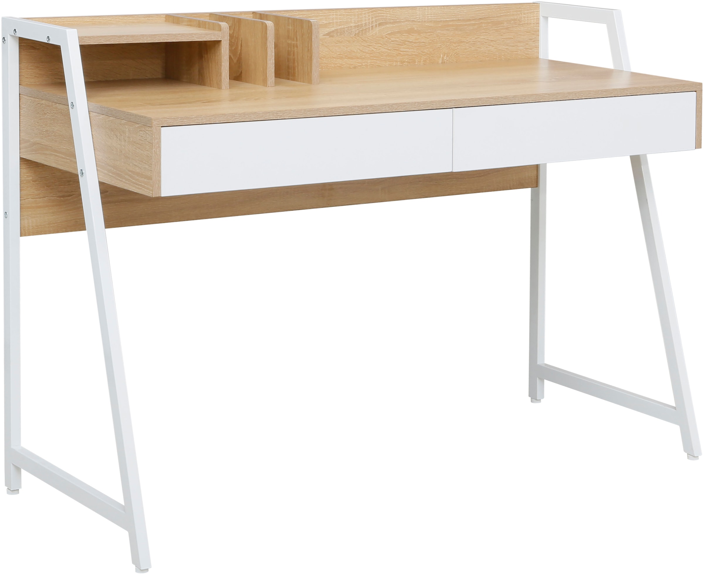Home affaire Schreibtisch »Cowell«, (Breite 124 cm), 2 Schubladen, Ablage & integrierte Buchstützen, Metallgestell