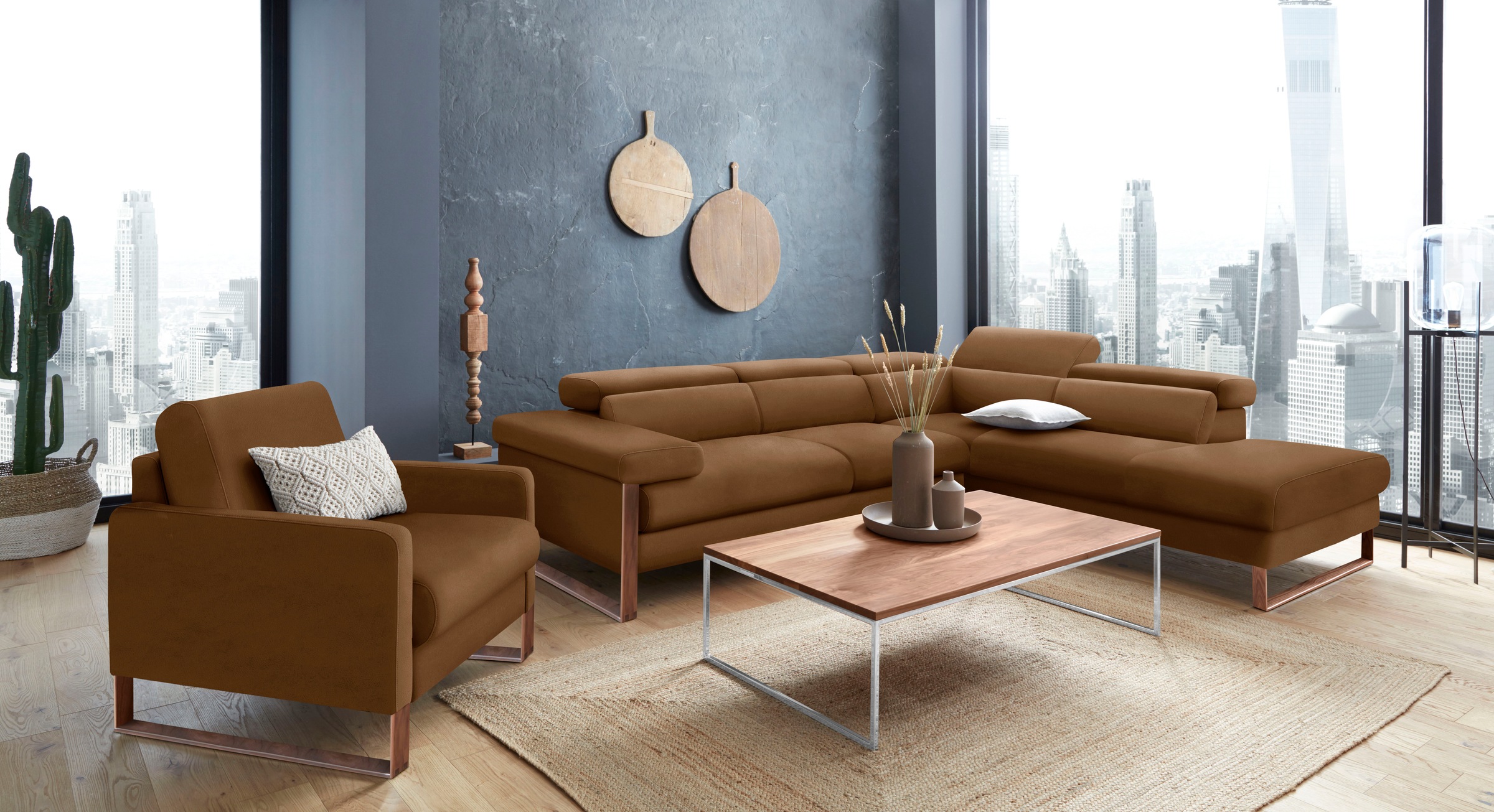 W.SCHILLIG Ecksofa »finn, Designsofa mit tollem Sitzkomfort, bequem, L-Form«, German Design Award 2016, Fußgestell Nussbaum natur, Breite 281 cm
