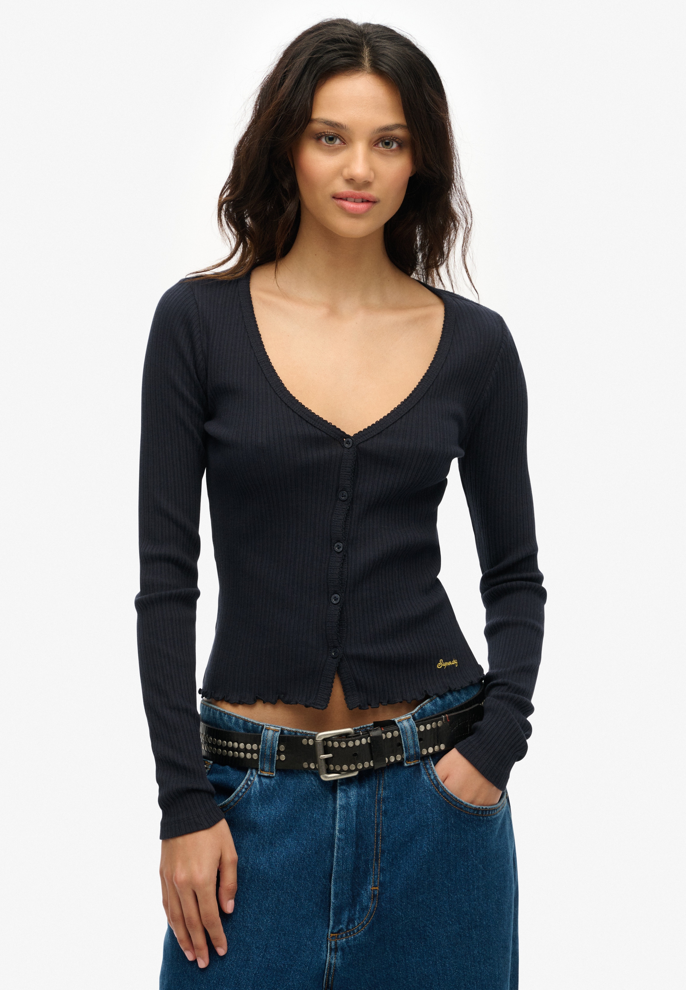 Superdry Langarmshirt »ESSENTIAL BUTTON THRU LS TOP« Baumwolle, skinny fit