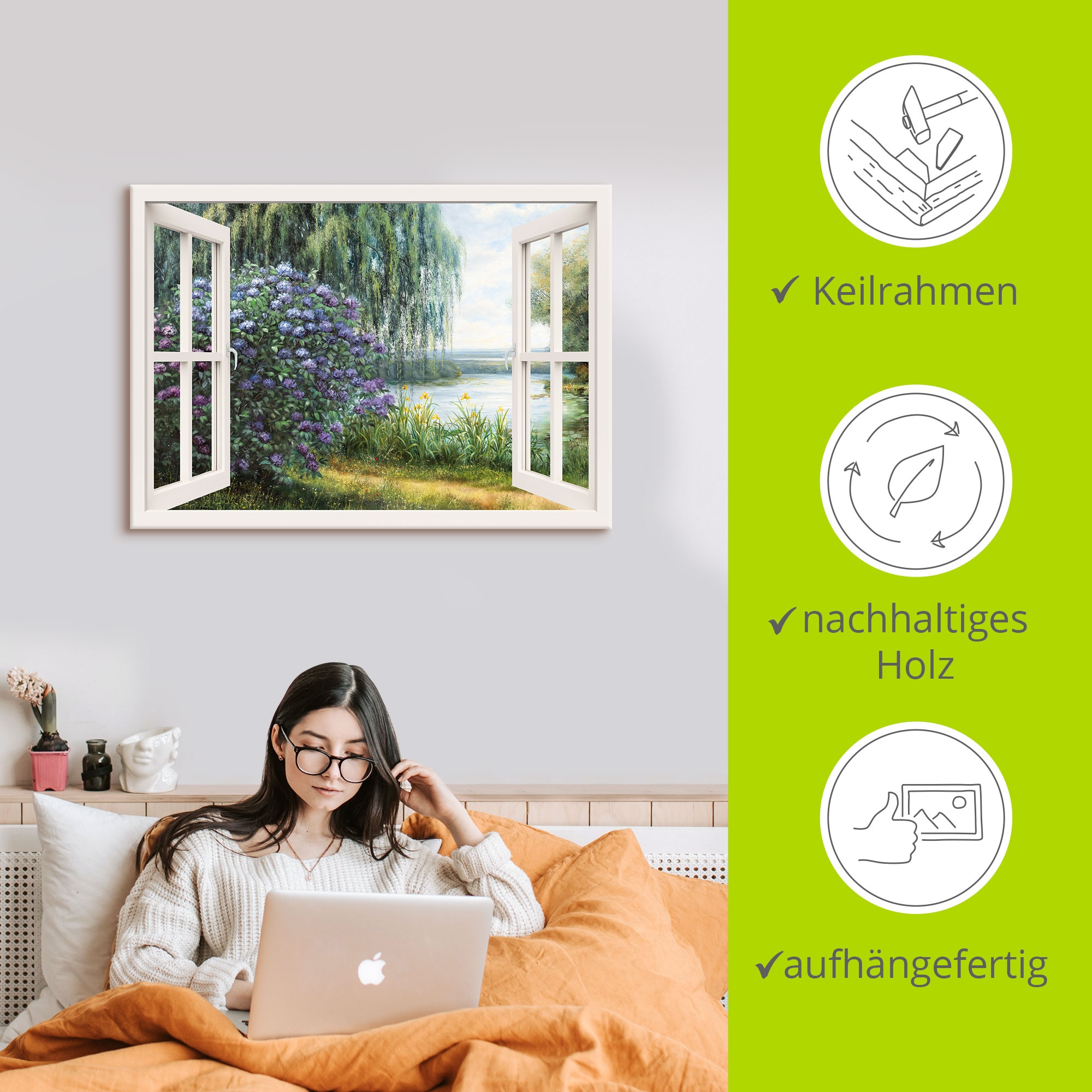 Artland Leinwandbild »Hortensien am See« Fensterblick 1 Stk. tlg. auf Holzrahmen gespannt