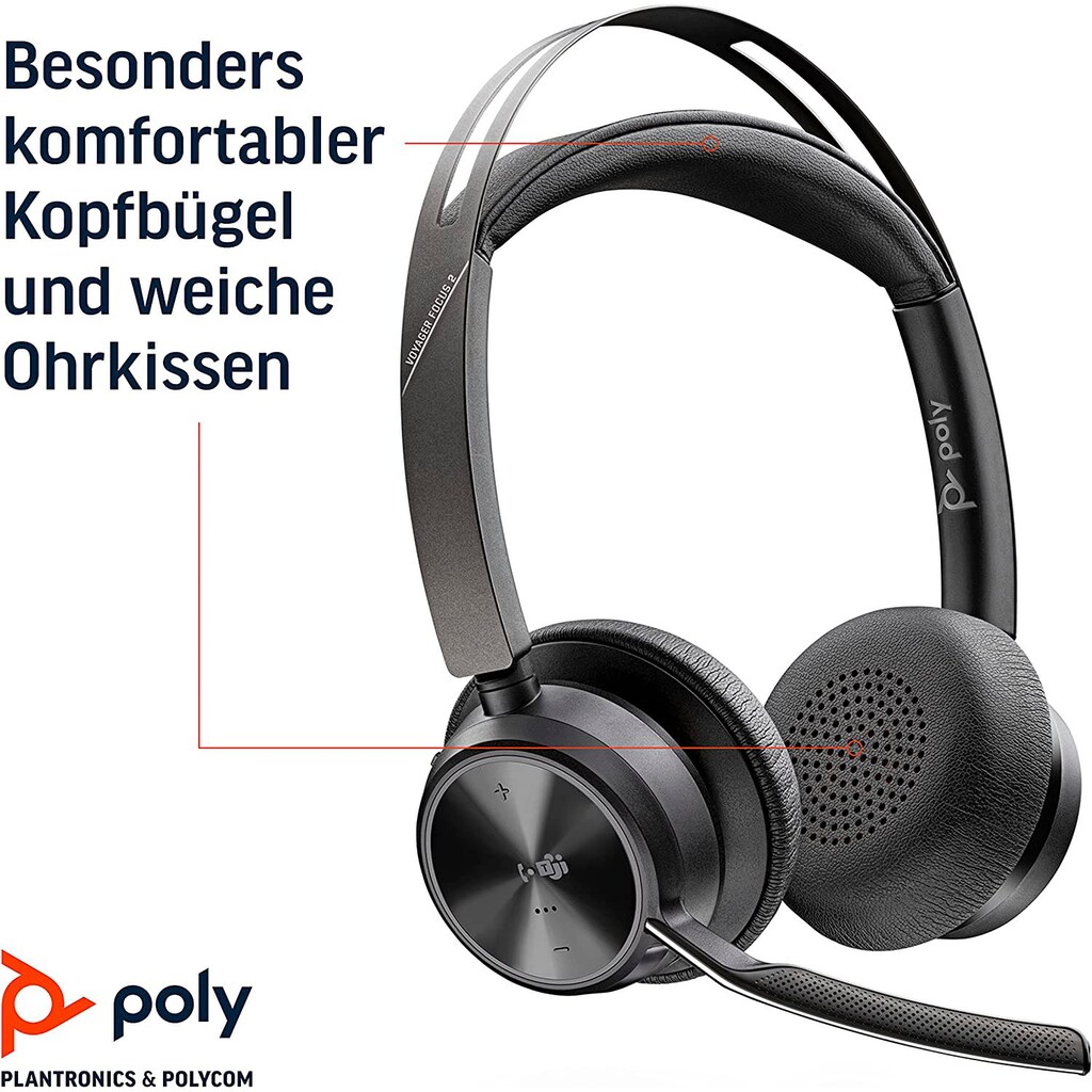 Poly Wireless-Headset »Voyager Focus 2 UC«, A2DP Bluetooth (Advanced Audio Distribution Profile)-AVRCP Bluetooth (Audio Video Remote Control Profile)-HFP-HSP, Active Noise Cancelling (ANC)-integrierte Steuerung für Anrufe und Musik