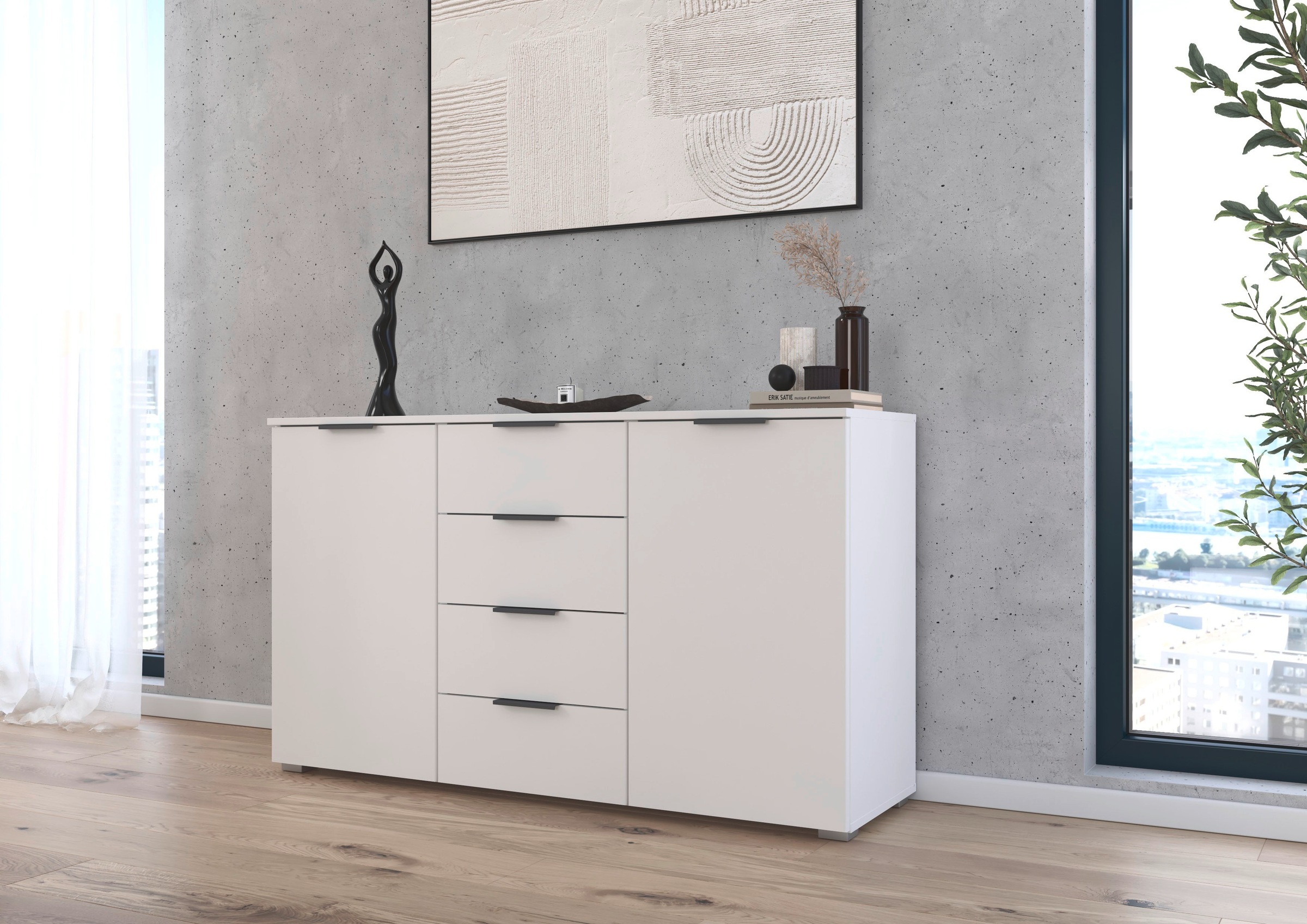 rauch Kombikommode »Sideboard Schubladenkommode AGORDO mit Dekor- oder Hochglanzfront«, (in zwei Griff-Farben), mit 4 Schubkästen und 2 Türen sowie Metallgriffen MADE IN GERMANY
