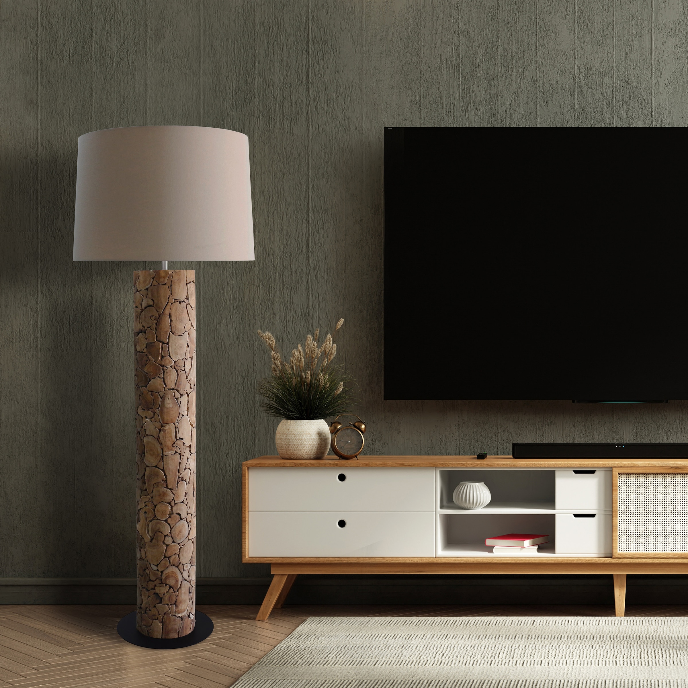 SalesFever Stehlampe »Maelis Handgefertigtes Treibholz-Design mit natürlichem Leinenschirm« E27 1 Stk. 1x E27 bis 60 W, 170 cm, Bodenlampe aus Treibholz mit Fußschalter
