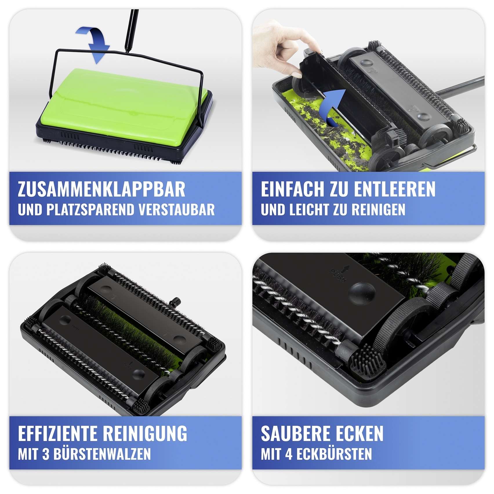 Maximex Teppichkehrer, aus Metall-Polypropylen, platzsparend durch Klappfunktion, stromlos und kabellos