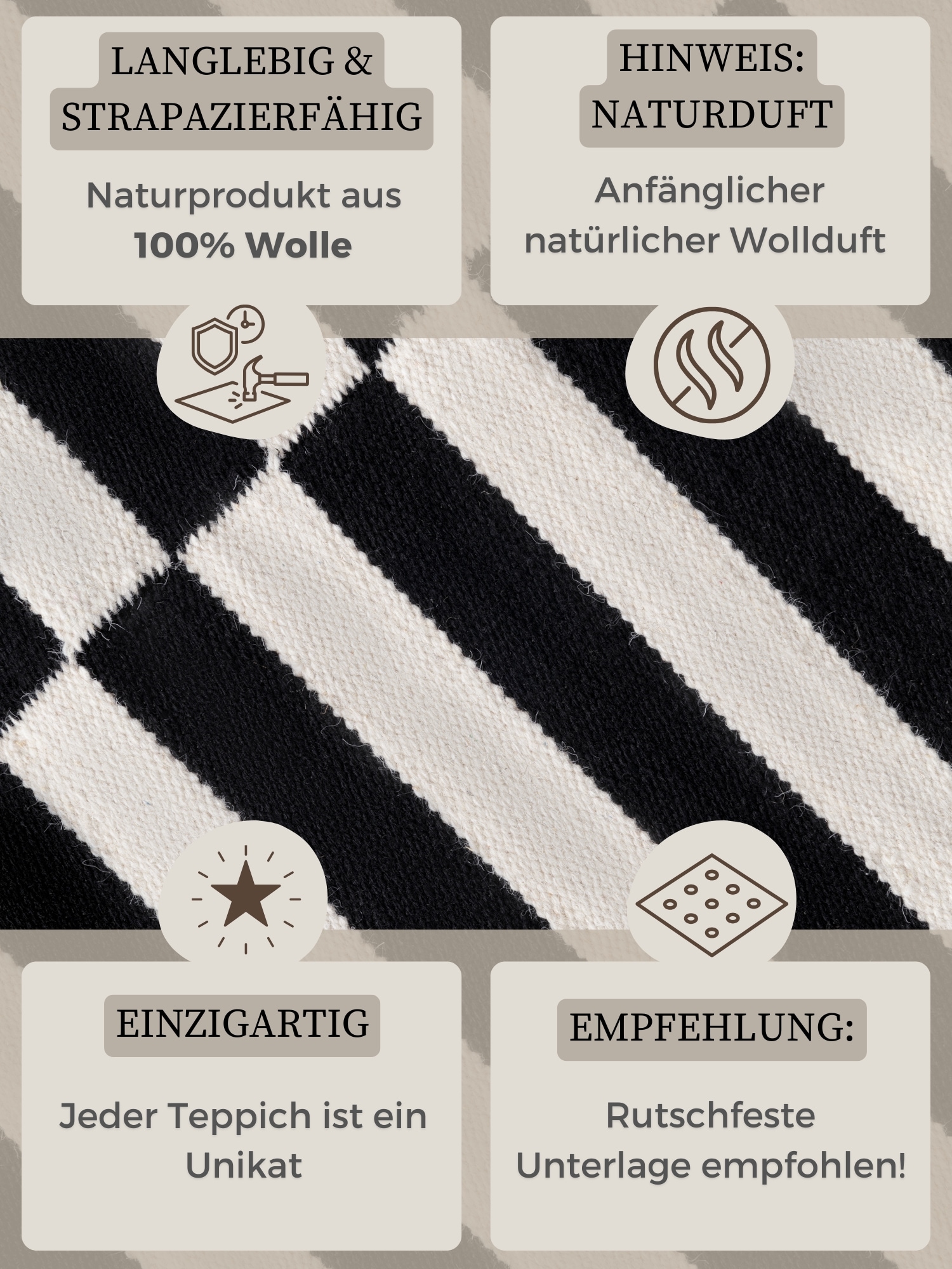 HANSE Home Wollteppich »Donna, schwarz-weiss«, rechteckig, 5 mm Höhe, Handgewebt, Wolle, Natur, Läufer, Wohnzimmer, Schlafzimmer, Streifen