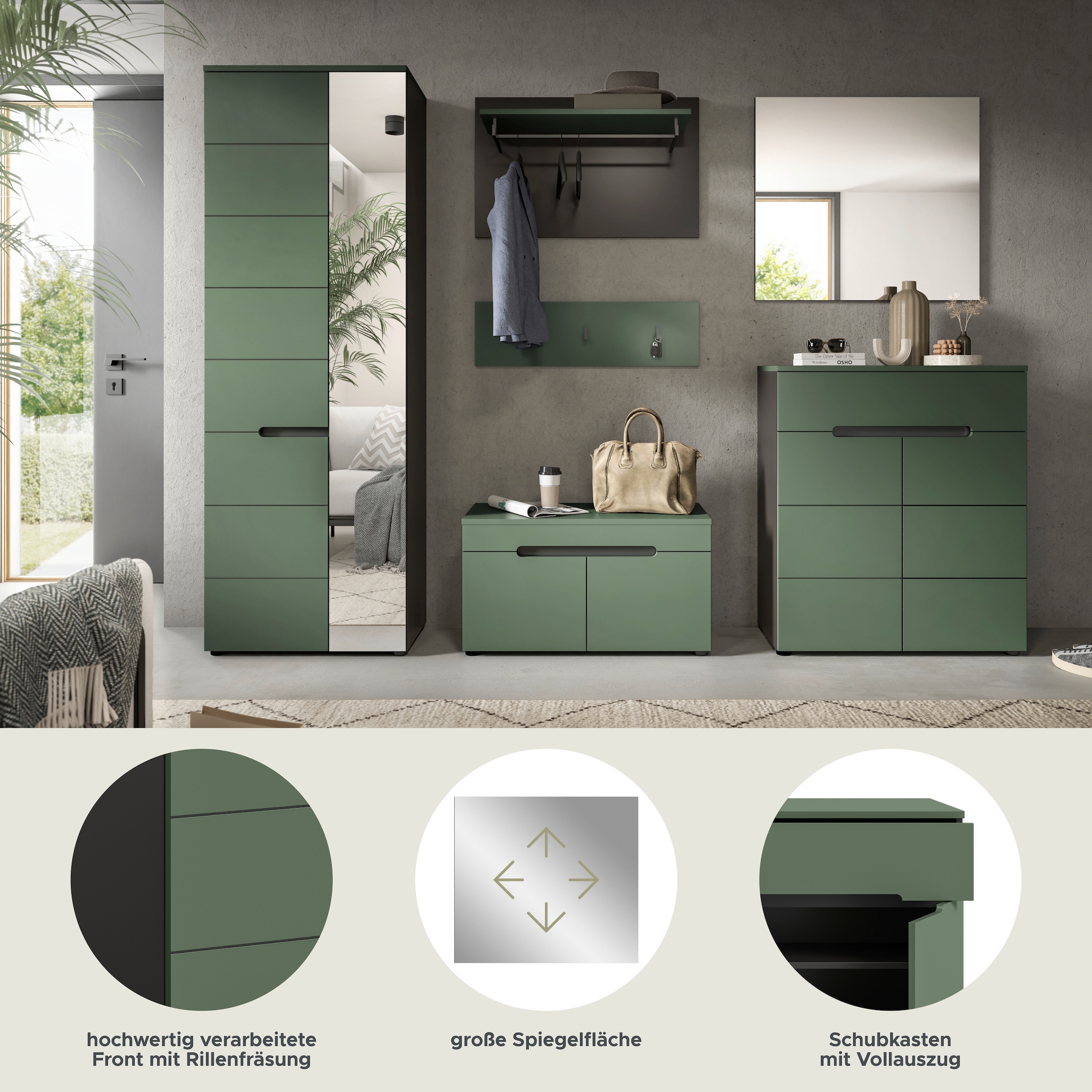 Home affaire Garderoben-Set »Rehat, Garderobenkombination, Breite 255cm« Garderobenschrank, Sitzbank, Paneel, Hakenleiste, Spiegel, Kommode, 6 Stk. tlg.