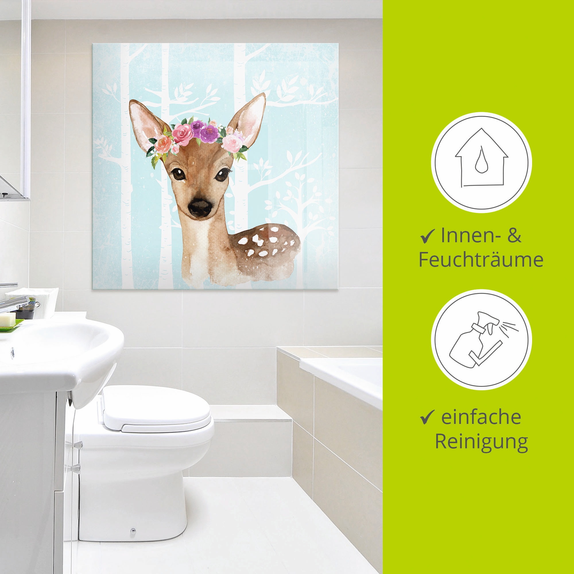 Artland Glasbild »Wild Reh mit Blumen im blauen Wald« Tiere 1 Stk. tlg. in verschiedenen Größen