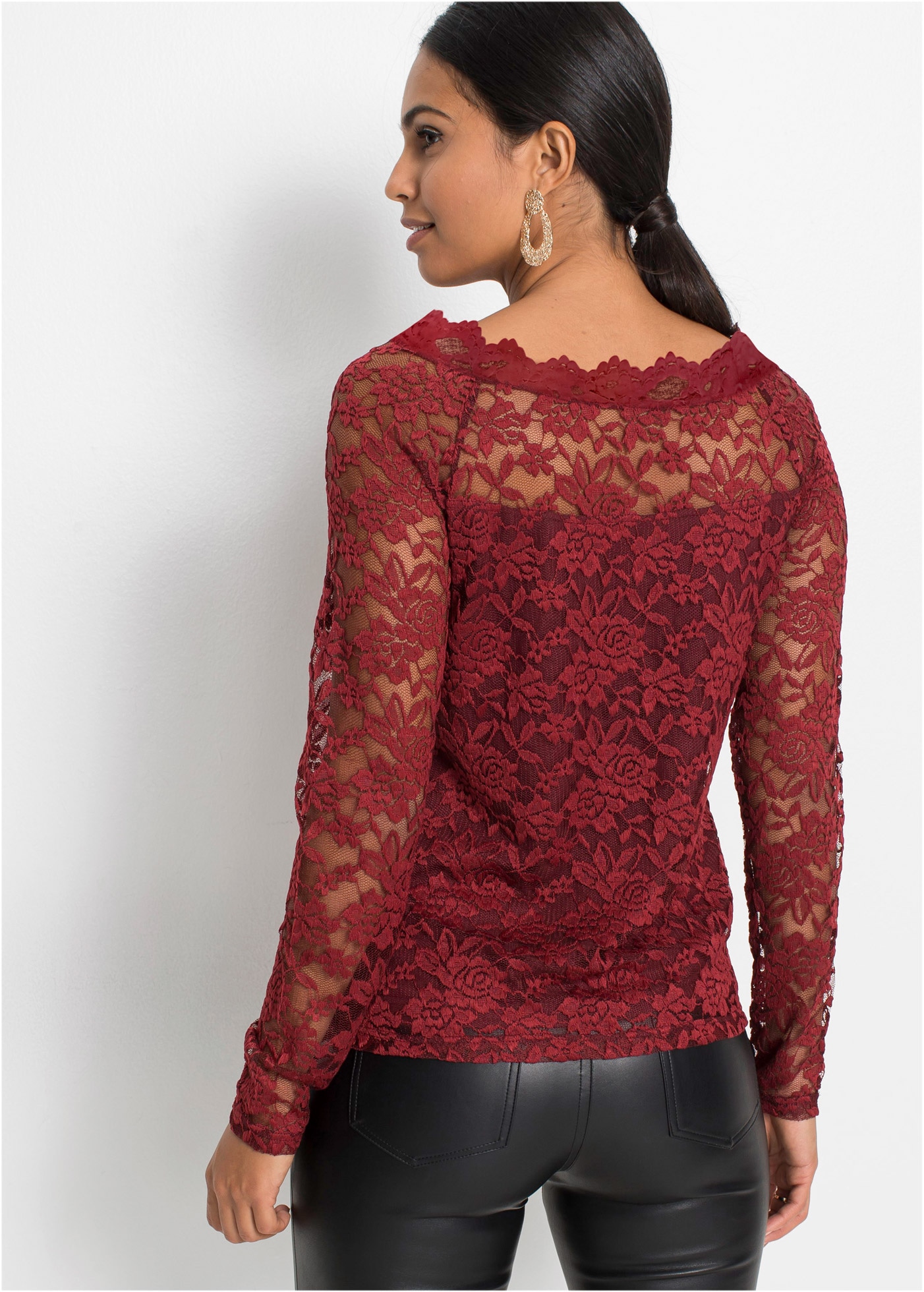 bonprix Langarmshirt Slim fit Passform, mit Spitzen-Details, unifarben