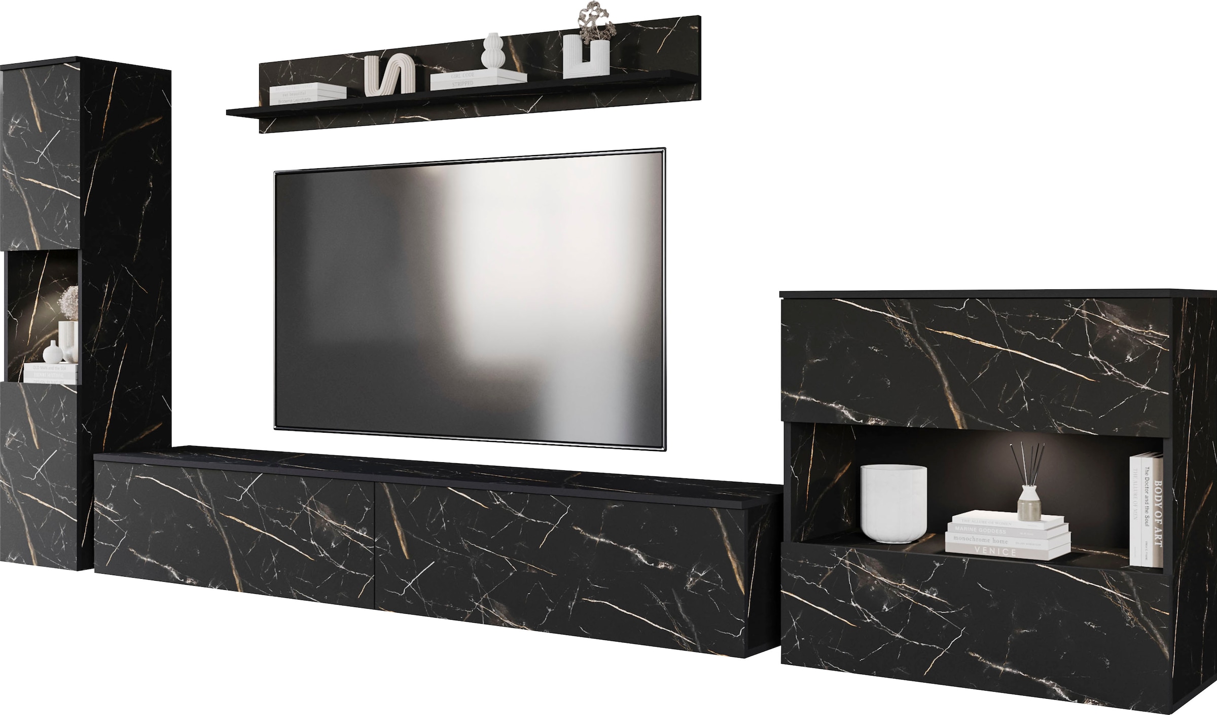 INOSIGN Wohnwand »PARIS, Vitrine Türanschlag links/rechts wechselbar«, (Komplett-Set, 4 St.), grifflose Design, stehend und hängend montierbar