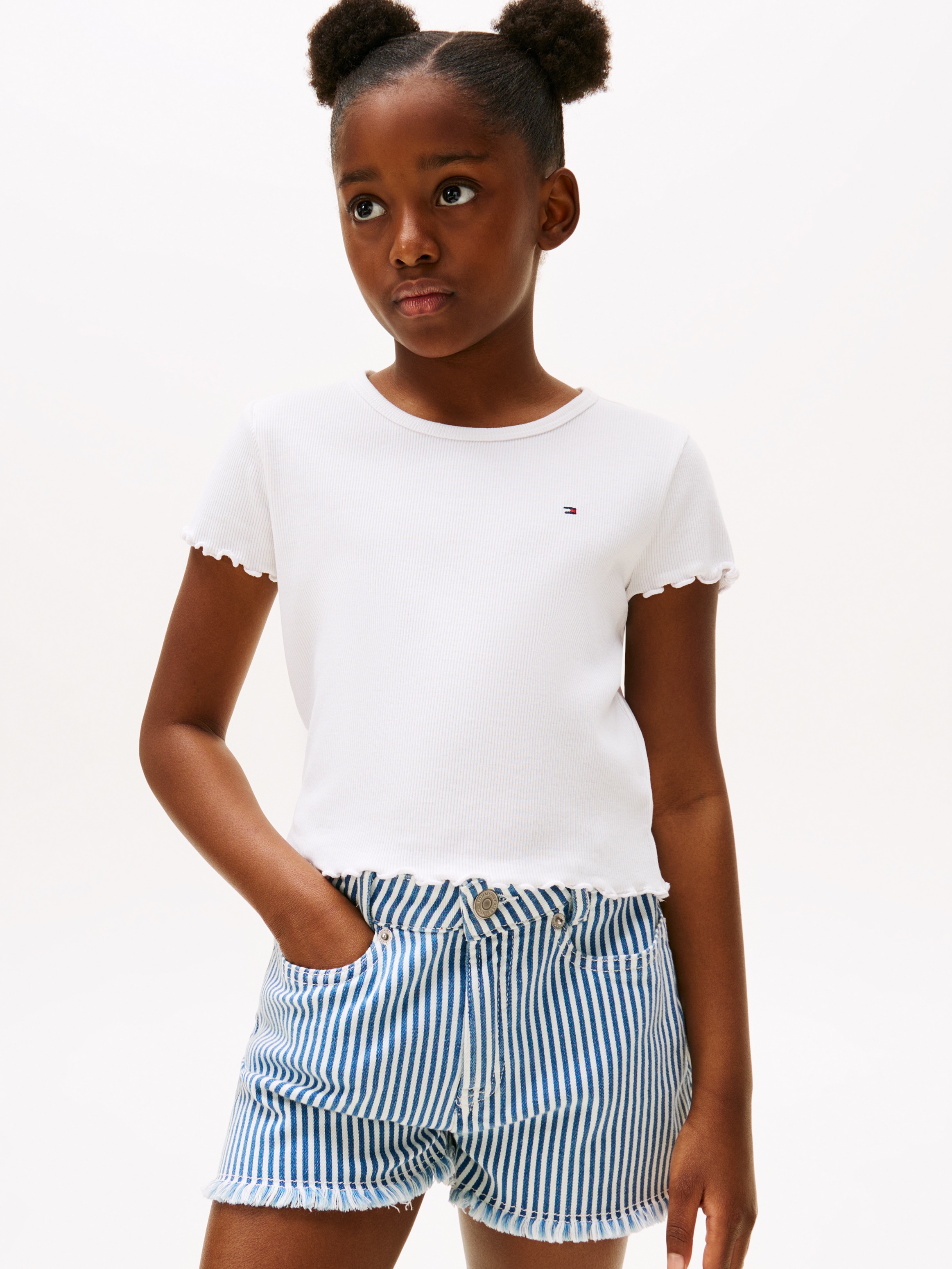 Tommy Hilfiger T-Shirt »ESSENTIAL RIB TOP mit Babylock-Kanten und Stickerei« unifarben, casual, regular fit, Baumwollmix, Rundhals