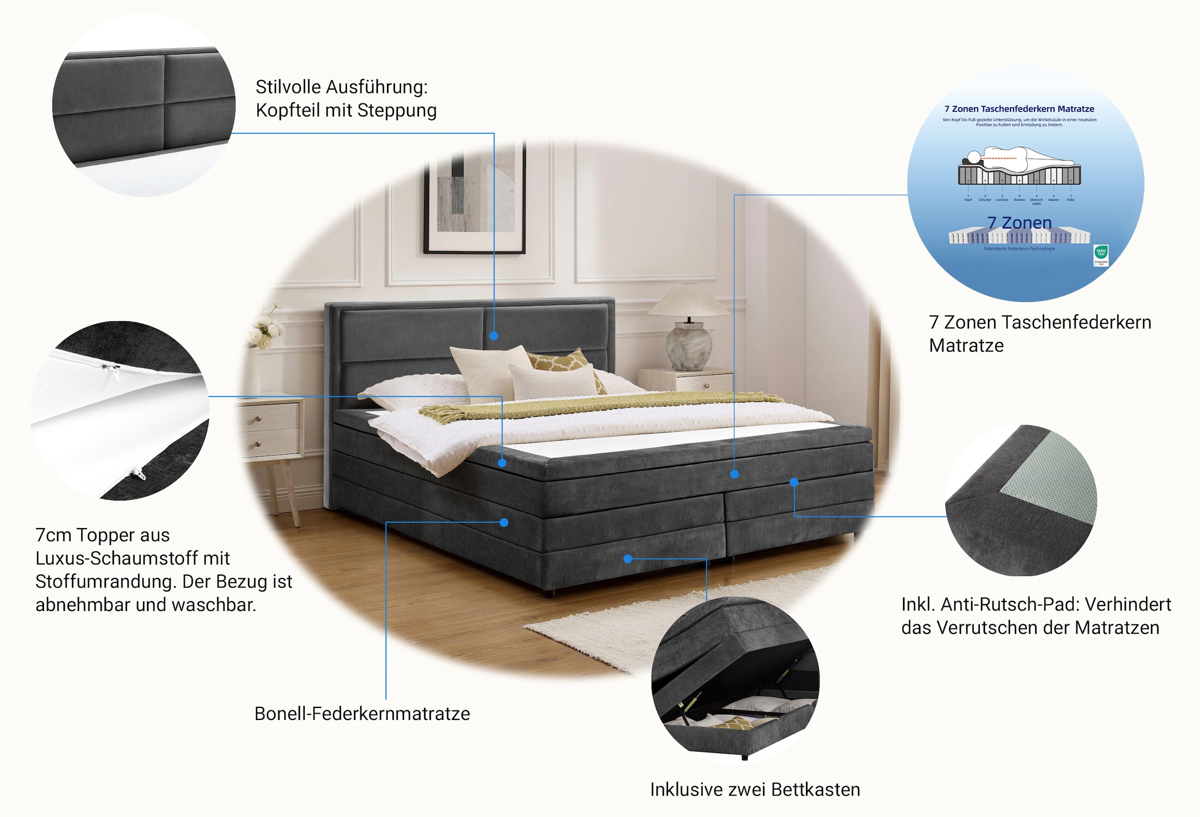 OTTO home Boxspringbett »FYNNA in den Breiten 140 & 180cm erhältlich, inkl. Bettkasten« inkl. Topper, erhältlich in verschiedenen Farben
