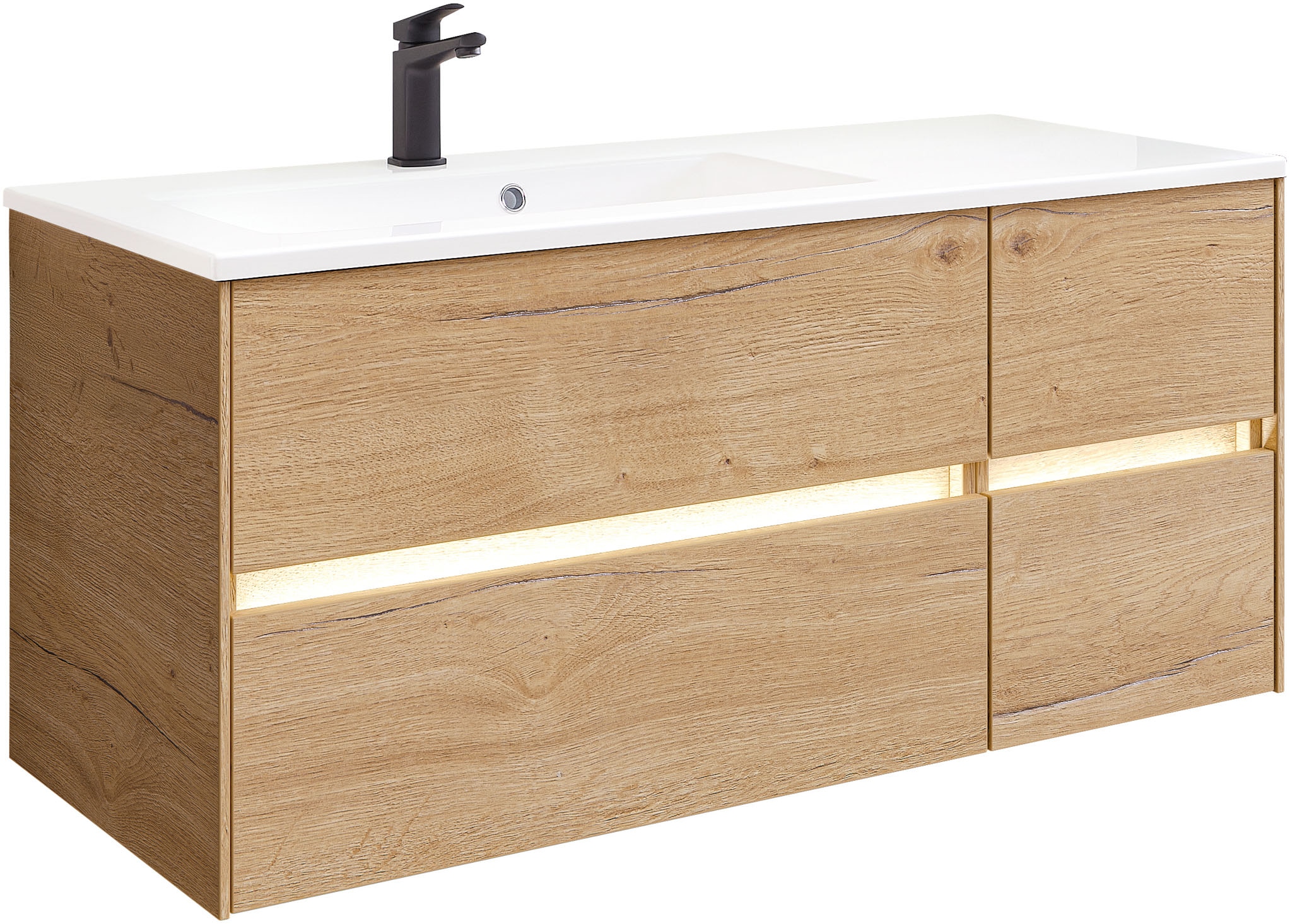Saphir Waschtisch "Solid-Surface-Waschtisch mit Unterschrank Serie 6010,vormontiert,113cm" 2 Stk. tlg. Waschplatz, 4 Schubladen, LED-Beleuchtung, Badmöbel Set mit Waschtisch
