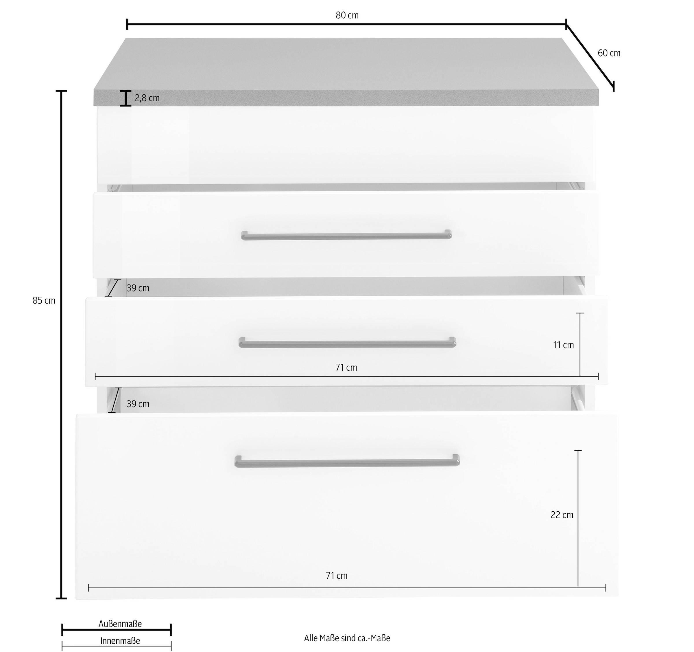 KOCHSTATION Kochfeldumbauschrank »KS-Tulsa« 80 cm breit, 2 Schubladen, 1 großer Auszug, schwarzer Metallgriff