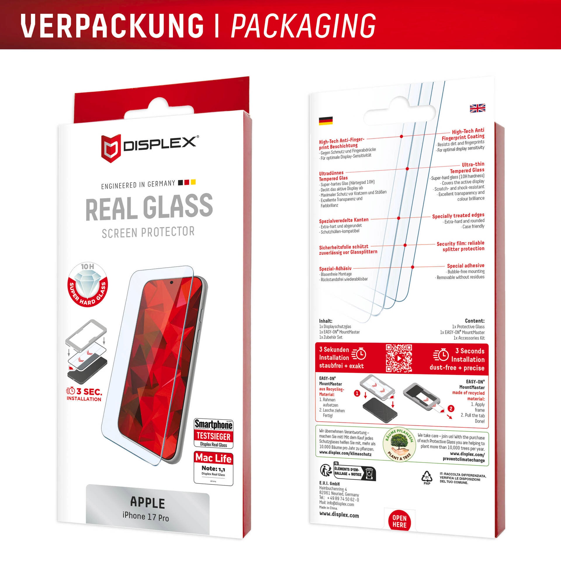 Displex Displayschutzglas »Real Glass Screen Protector mit EASY-ON MountMaster« für Apple iPhone 17 pro Displayschutzfolie, Schutzfolie, Bildschirmschutz, kratz- & stoßfest