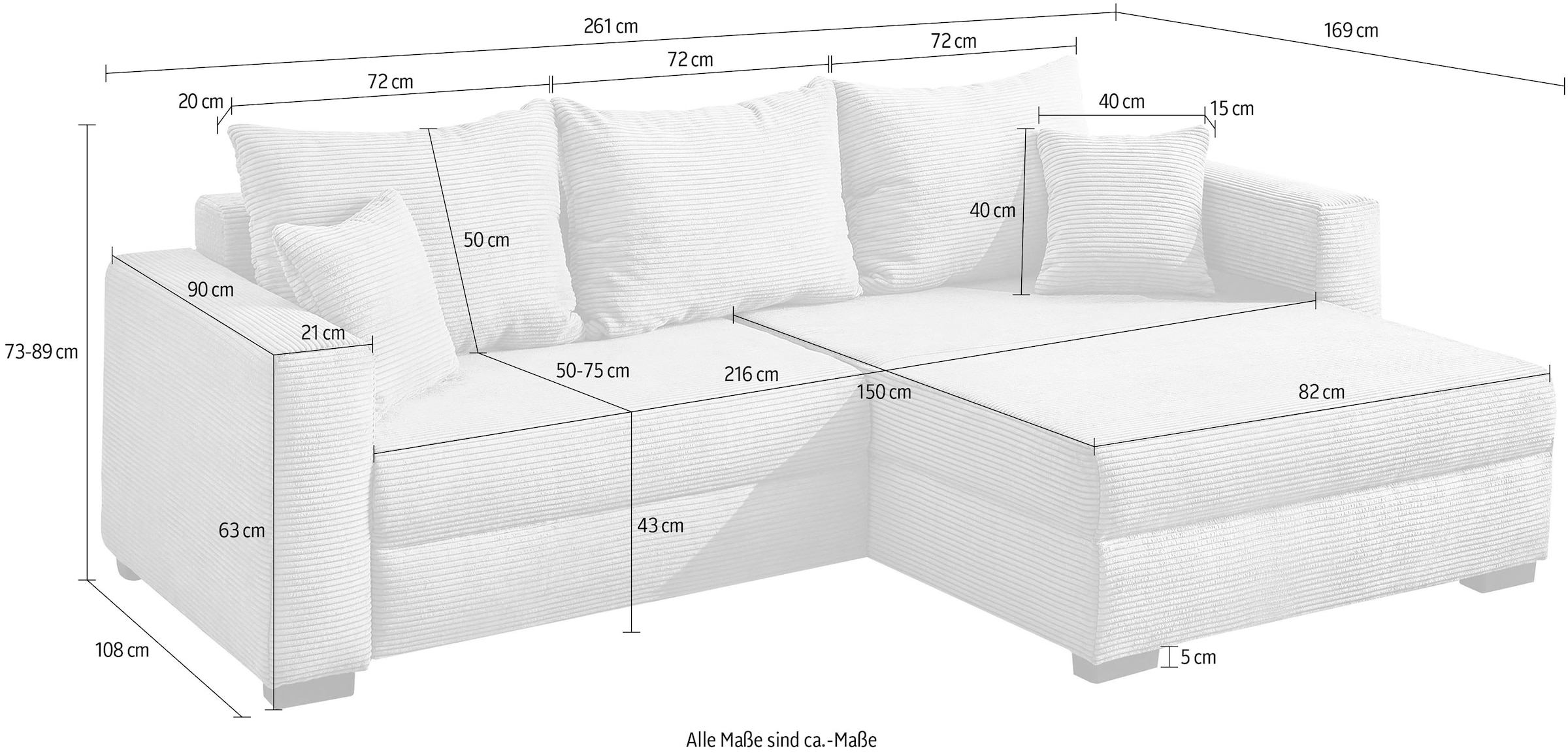 Jockenhöfer Gruppe Ecksofa »Saalbach, L-Form, Breite 261cm«, inkl. Bettfunktion & Bettkasten, Ottomane links/rechts montierbar