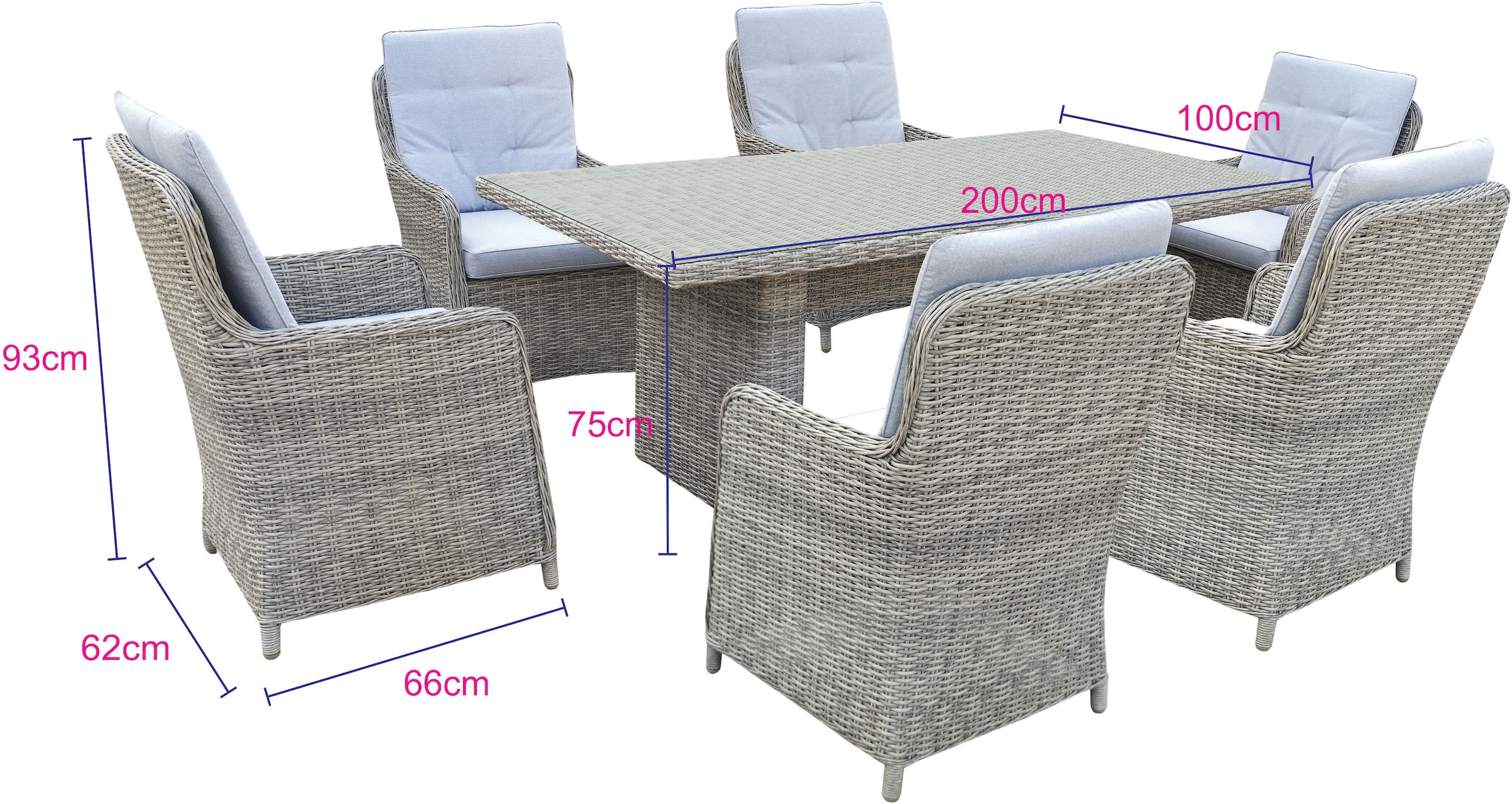 KONIFERA Garten-Essgruppe »Venedig«, (Set, 19 tlg., 6x Sessel, 1x Tisch 200x100x75 cm, inkl. Auflagen, Alu, Polyrattan), Tischplatte aus 5mm starkem Sicherheitsglas, Hellgrau