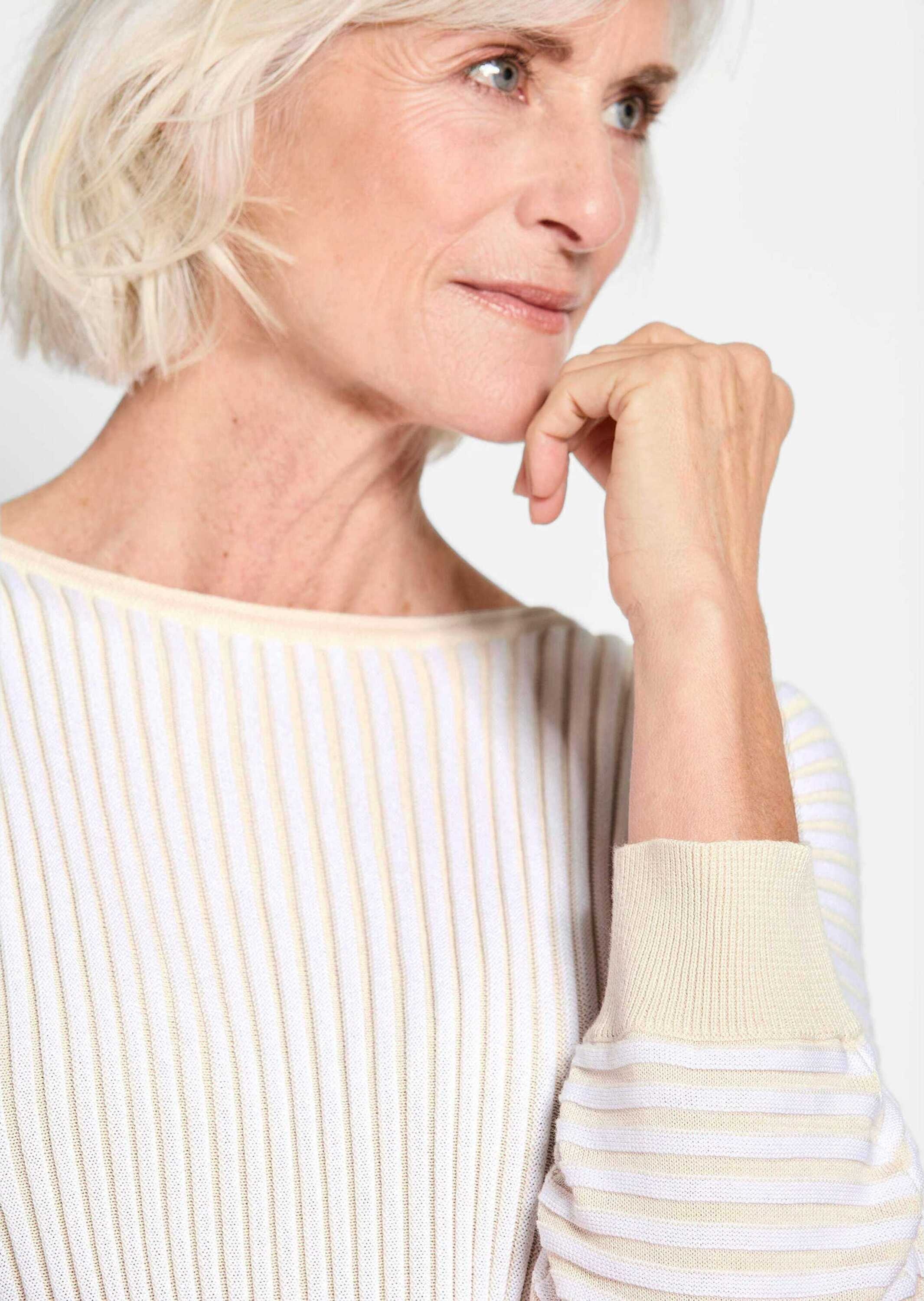 GOLDNER Rundhalspullover »Kurzgröße Baumwollmix mit Fledermausärmeln und Rippstruktur«