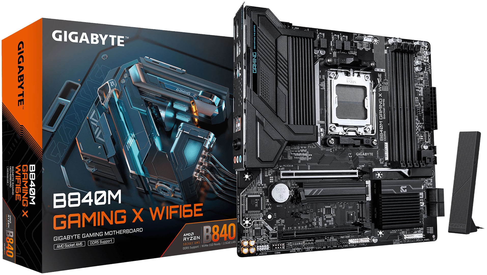 GIGABYTE B840M GAMING PLUS WIFI6E Mainboard – AMD Ryzen 9000 CPUs, 8+2+2-Phasen-VRM, bis zu 8200 MHz DDR5 (O.C.), 2× PCIe-4.0-M.2, Wi-Fi 6E, 1-GbE-LAN, USB 3.2 Gen 2
