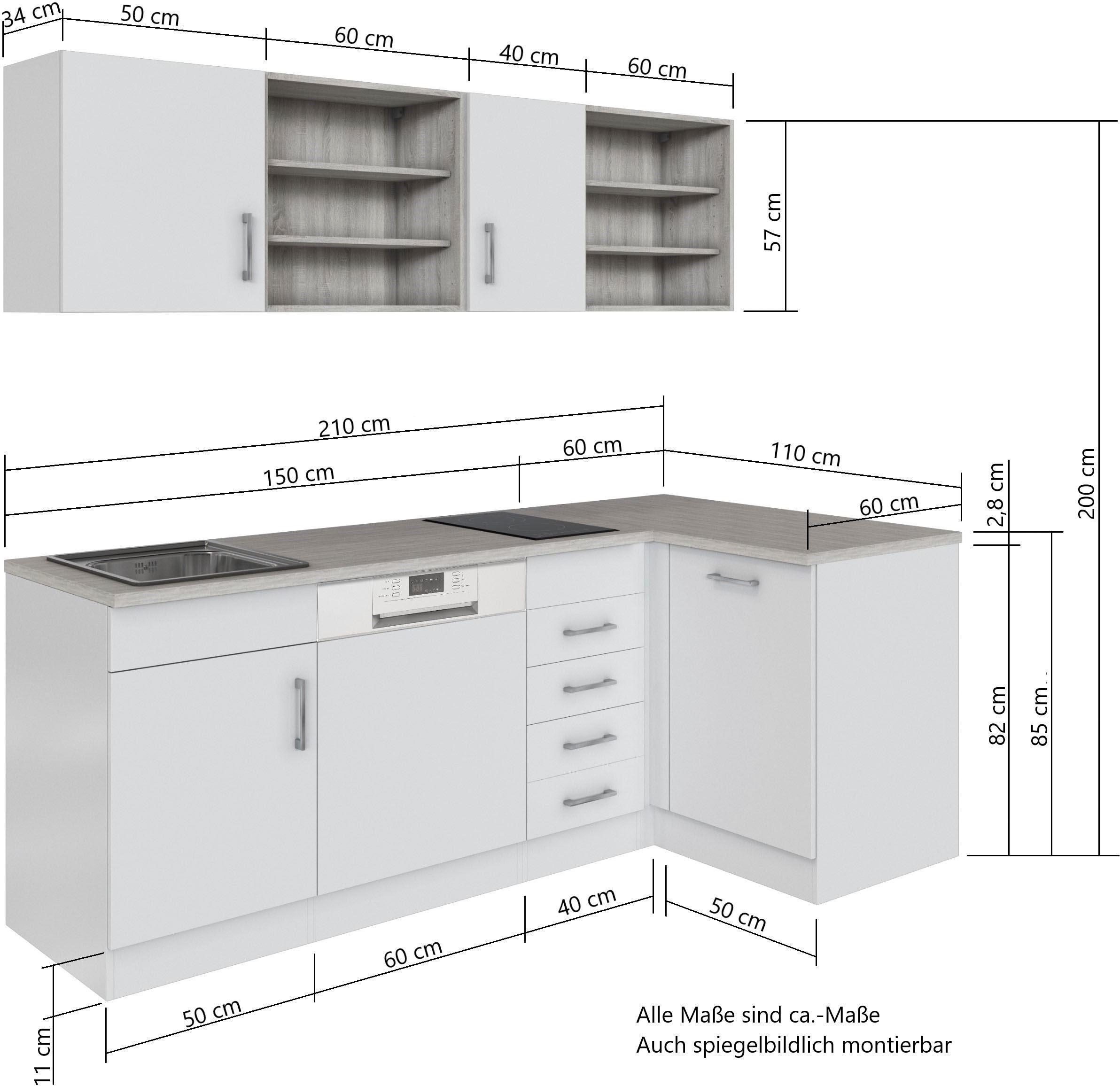 KOCHSTATION Küche »KS-Mali«, Stellbreite 210/110 cm, mit E-Geräten
