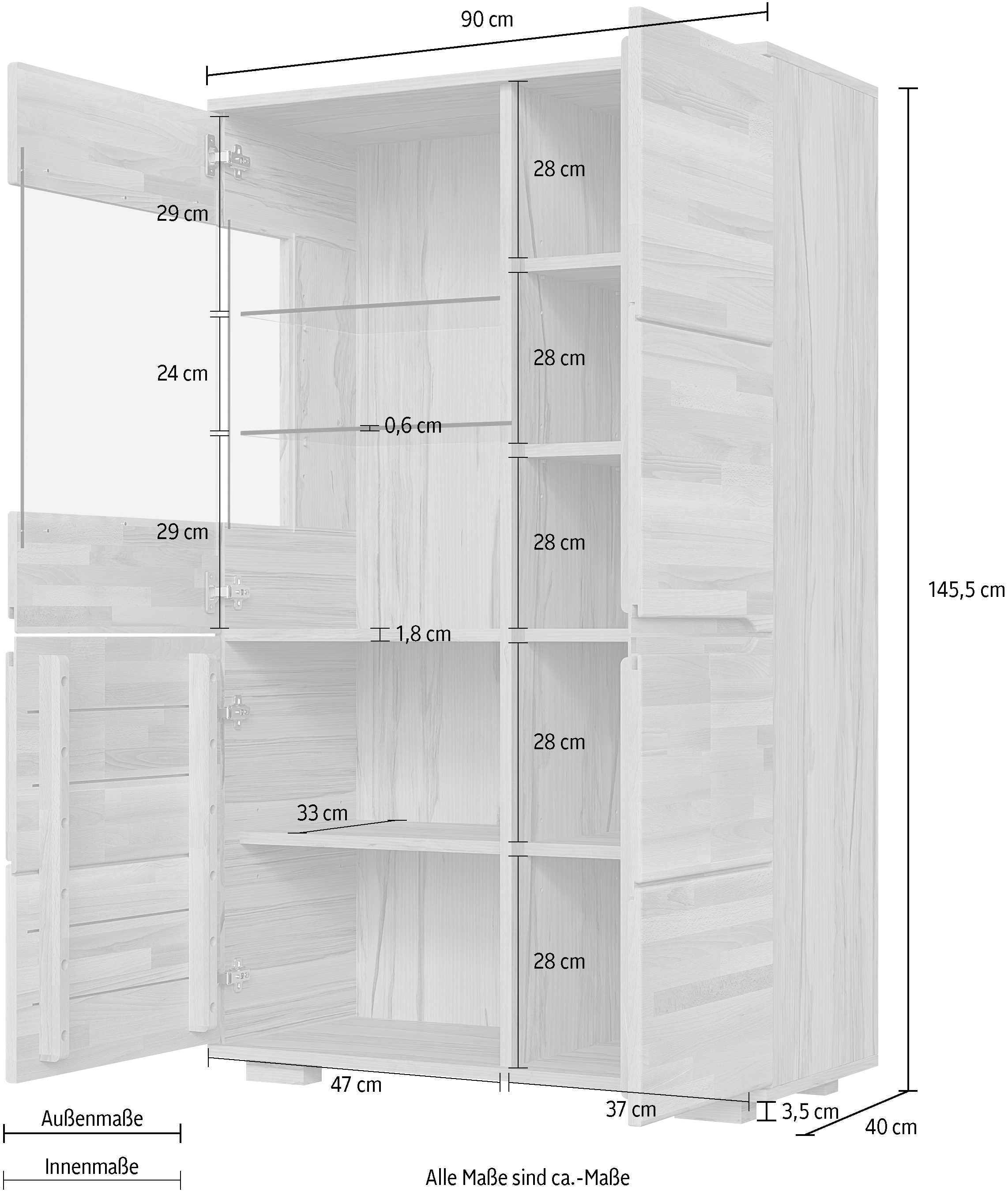 OTTO home Vitrine »VETRO: Fronten aus Massivholz, Korpus aus Melamin,Griffmulden« Kernbuche B/T/H:90/40/145,5cm,6Variable einlegeboden,10 Fächer,Glastür