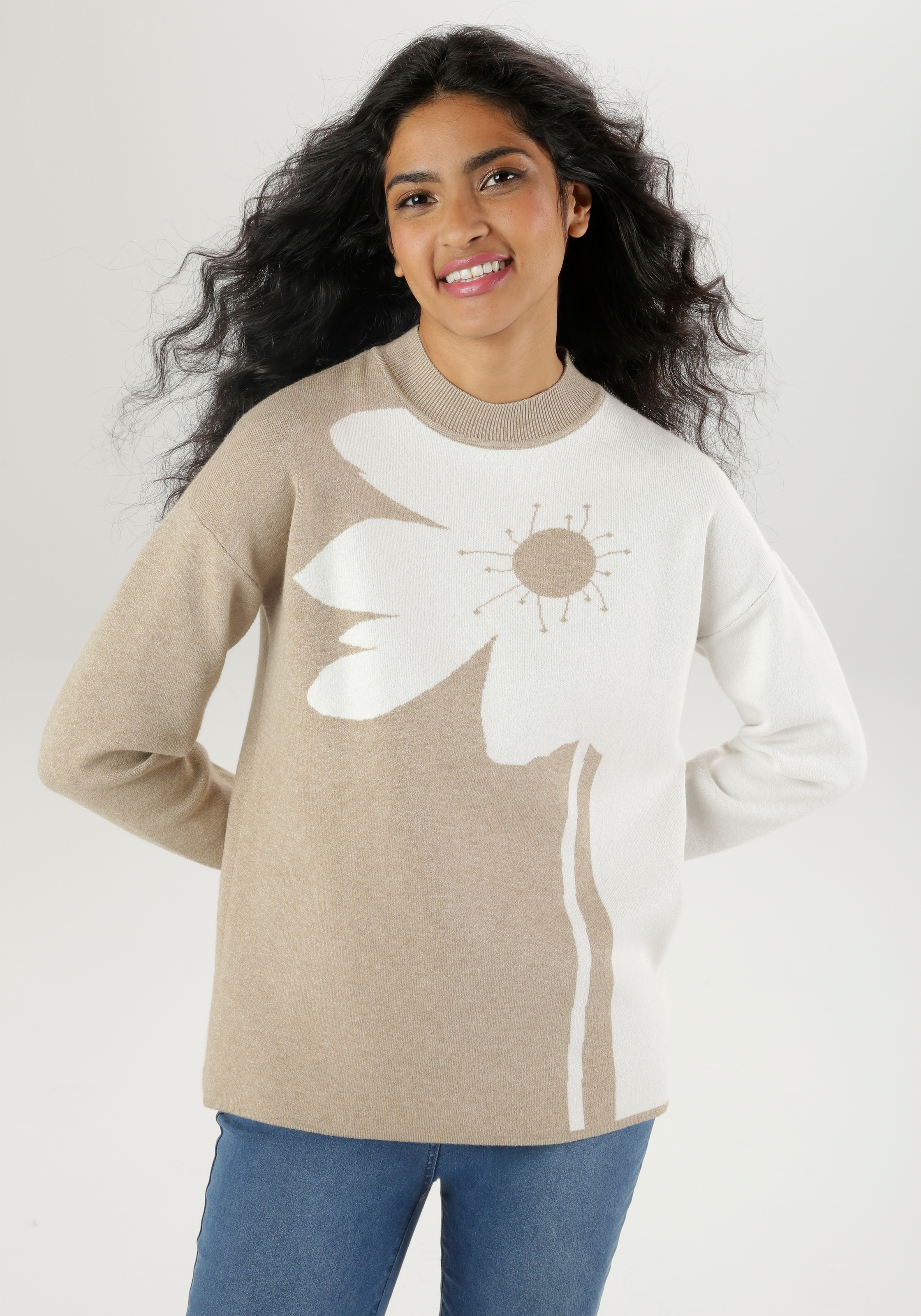 Strickpullover, mit plakativem Blumendessin