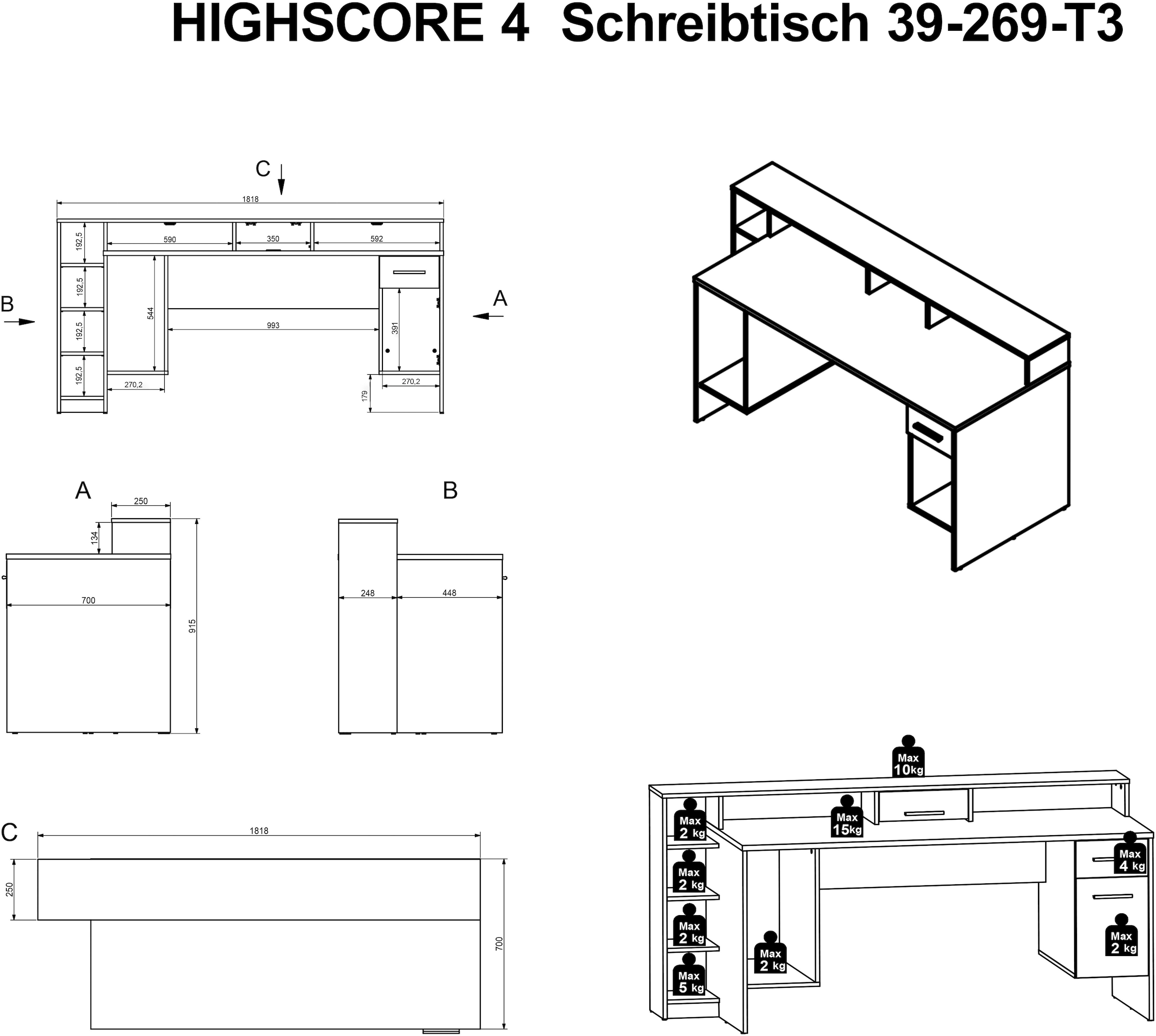 BEGA OFFICE Gamingtisch »Highscore 4«, Grau inkl. LED Beleuchtung, Computertisch mit Desktopfach