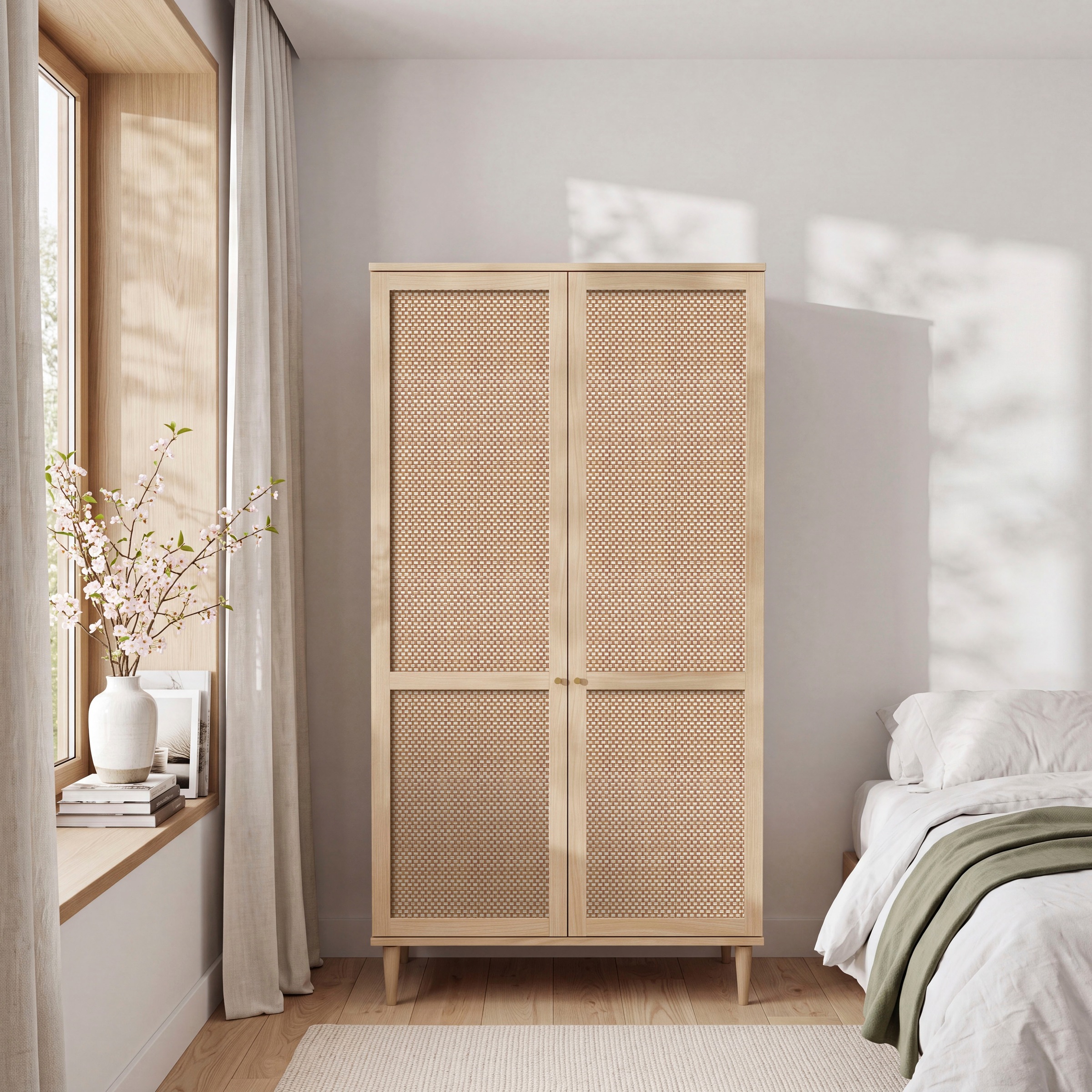 OTTO home Kleiderschrank »ELLIAN mit natürlicher Geflechtoptik und warmem Holzdekor« Holzfüße, Metallgriffe, Made in EU, viel Stauraum, FSC® zertifiziert