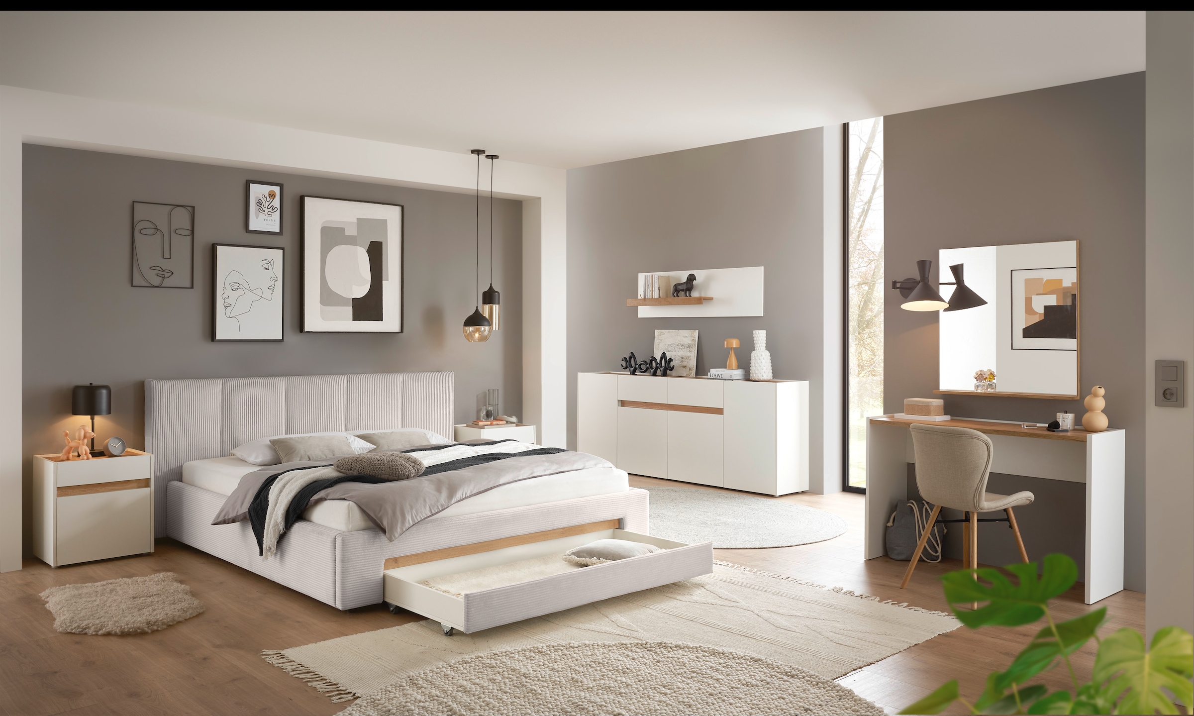 Home affaire Polsterbett »CiTY/GiRON, Bettgestell mit Bettkasten, gepolstertes Stauraumbett« mit Hundebett oder Stauraumschublade, Bezug Cord-oder Leinenoptik