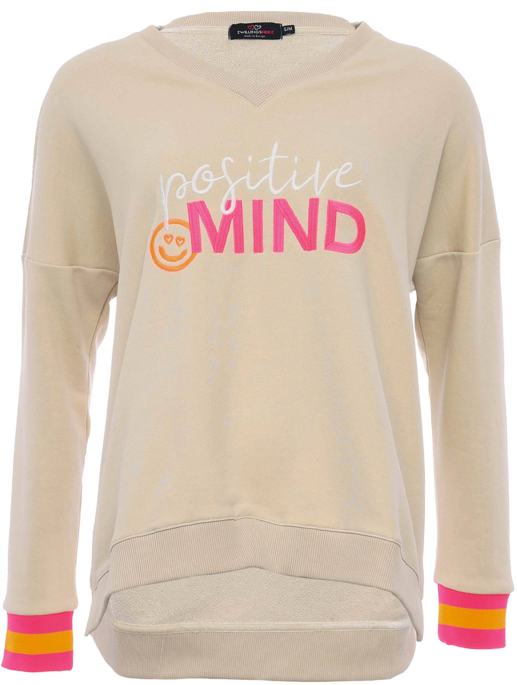 Zwillingsherz Sweatshirt, mit V-Ausschnitt, "Positive Mind"-Aufstick und neonfarbenen Bündchen