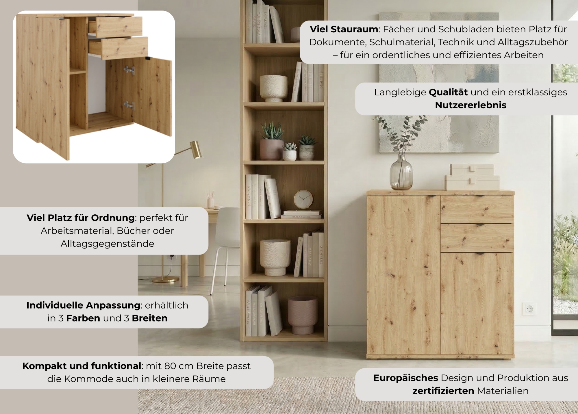 Home affaire Kommode »THALIANA Sideboard mit 2 Türen und 2 Schubladen, Breite 80 cm« Schrank in 3 Farben erhältlich, schwarze Metallgriffe, viel Stauraum