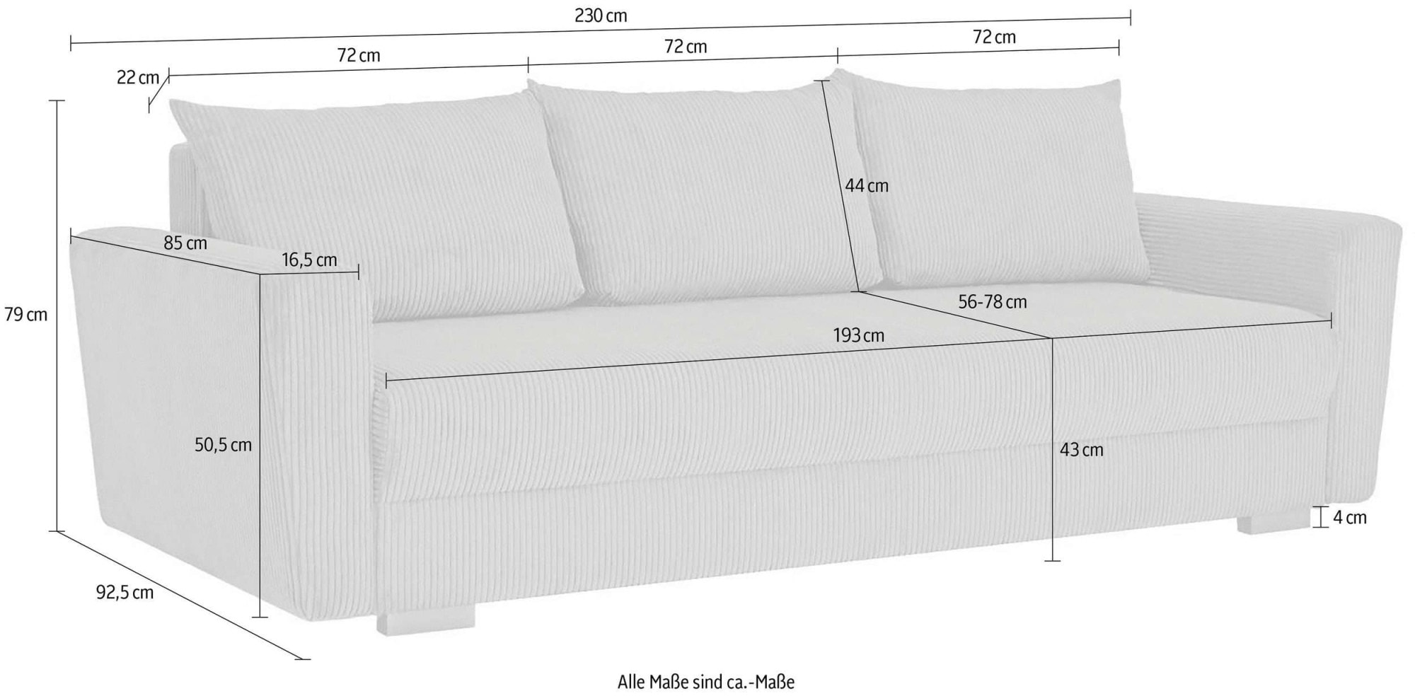 INOSIGN 3-Sitzer »MAGHERA 230 cm - OTTO. Verlässliche Qualität.« mit Wellenunterfederung, Cord und Struktur-Bezug, B/H/T 230/92,5/79 cm