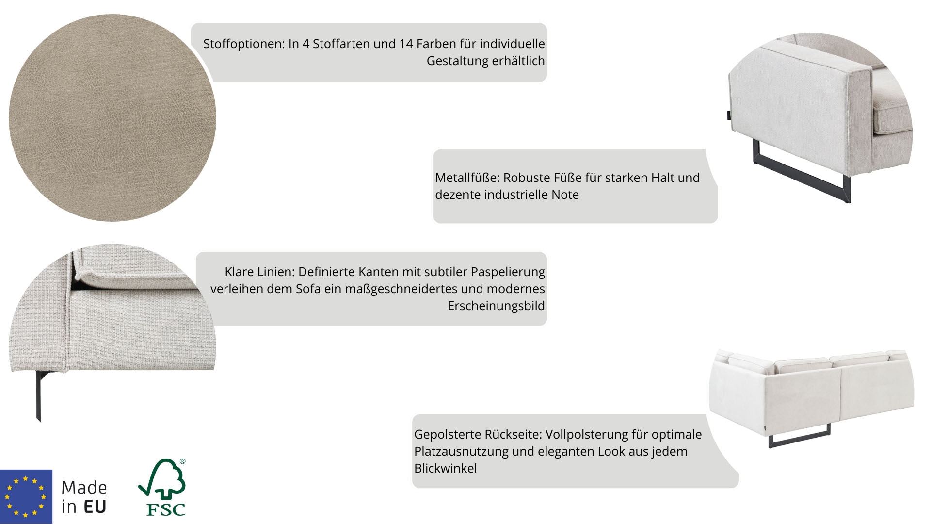 PLACES OF STYLE 3-Sitzer »Maxi-Ausführung Pinto, 236 cm, Cord, Chenille, Lederoptik« mit Keder, schwarze Metallfüße, Wellenunterfederung