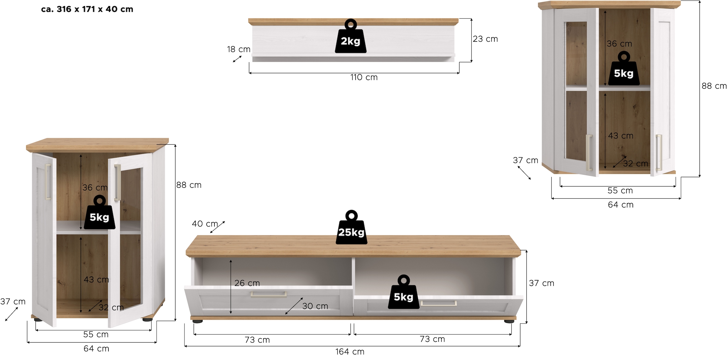 Home affaire Wohnwand »Cosenza«, (Set, 4 St.), Cosenza, Breite: 336 cm,2xVitrine,Lowboard, Wandboard