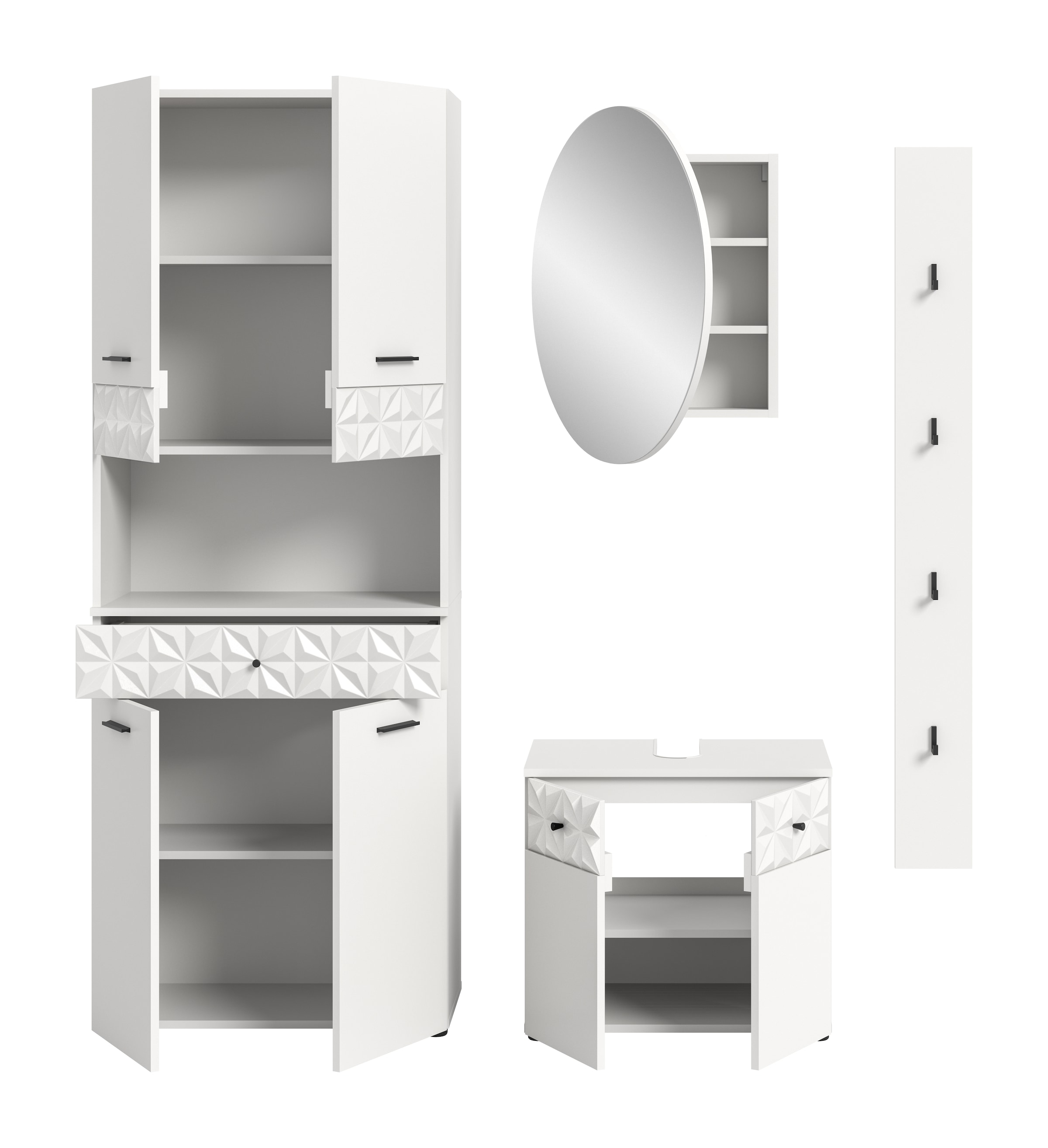 INOSIGN Badezimmer-Set »VICENZA, TOPSELLER!, Breite 176cm, 4-teilig, mit Ornamentabsetzung«, (Hochschrank, Waschbeckenunterschrank, Spiegelschrank und Hakenleiste), Hochschrank, Waschbeckenunterschrank, Spiegelschrank und Hakenleiste