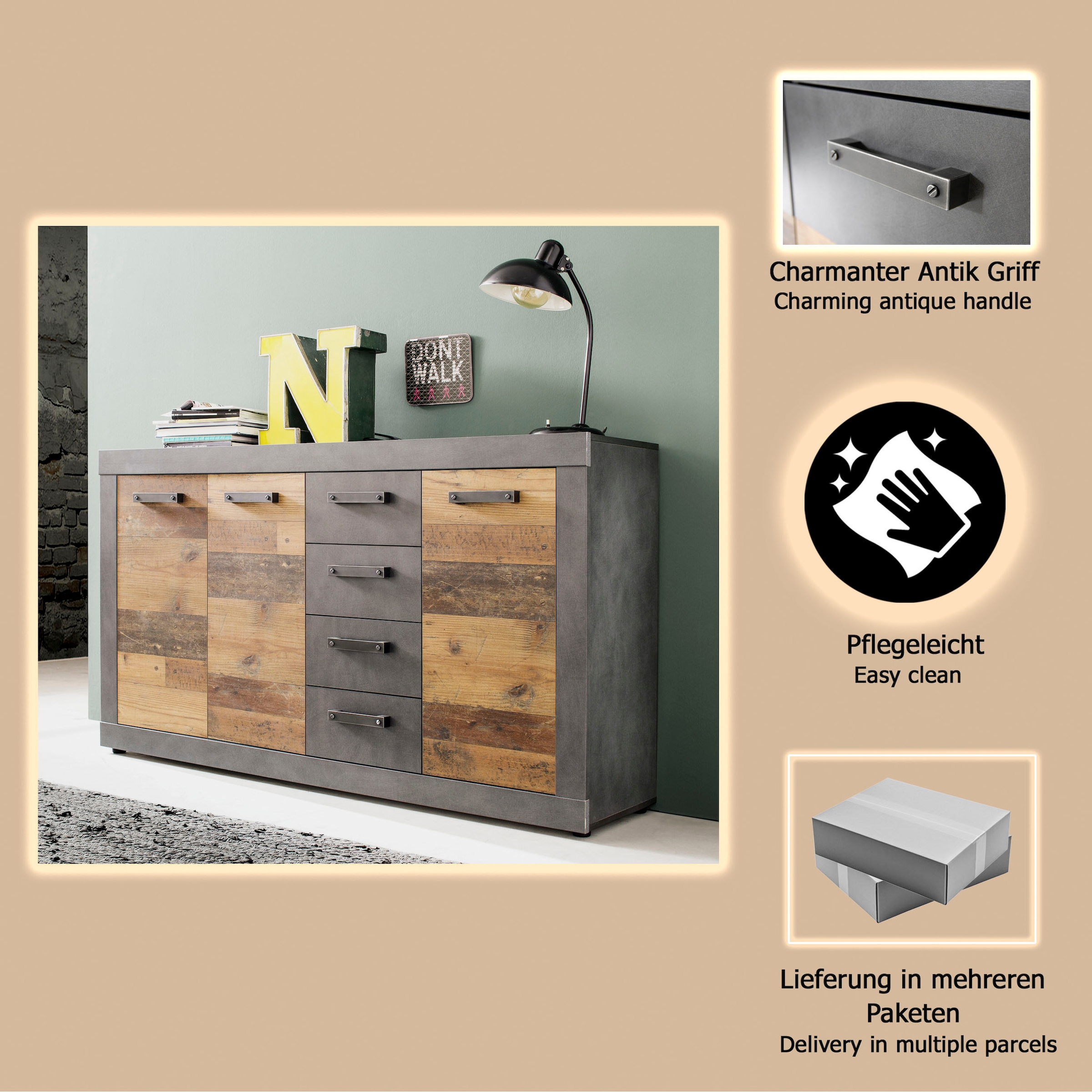 INOSIGN Kommode »Ilana«, Kommode mit 3 Türen & 4 Schubladen - (B/T/H) 151/37/86 cm