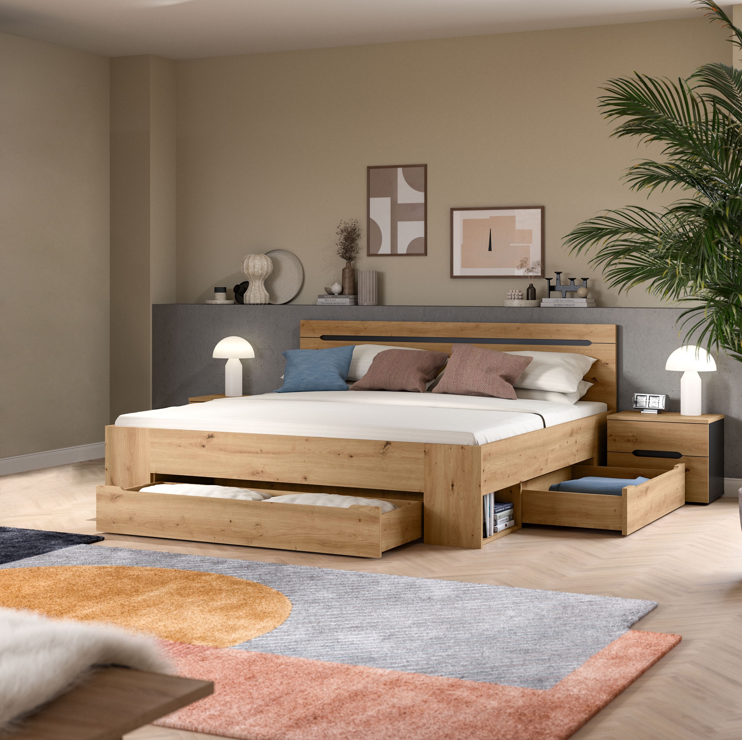 Home affaire Schlafzimmer-Set »REHAT, 3-teilig, bestehend aus: Stauraumbett & 2x Nachtkommode« TOPSELLER!, für Matratzengröße 140x200 cm, viel Stauraum, 3 Stk. tlg. Rehat, Schlafzimmerset, Bett 180x200 cm, Nachttische