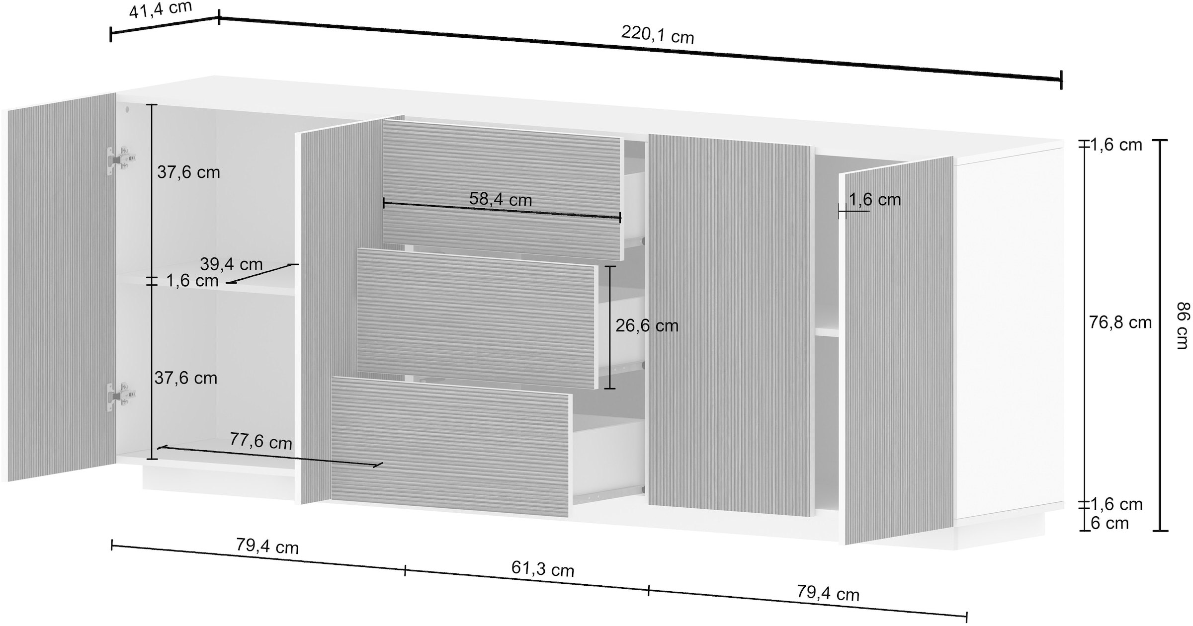 Home affaire Sideboard »Vega Sideboard,Kommode,220 cm« mit 4 Türen und 3 Schubladen,Fronten mit Rillen-Optik