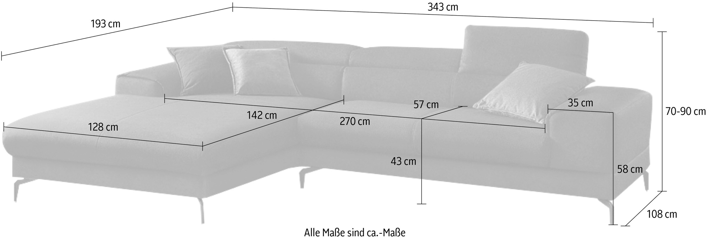 W.SCHILLIG Ecksofa »piedroo«, Kopfteilverstellung, wahlweise mit Sitztiefenverstellung, Breite 343cm