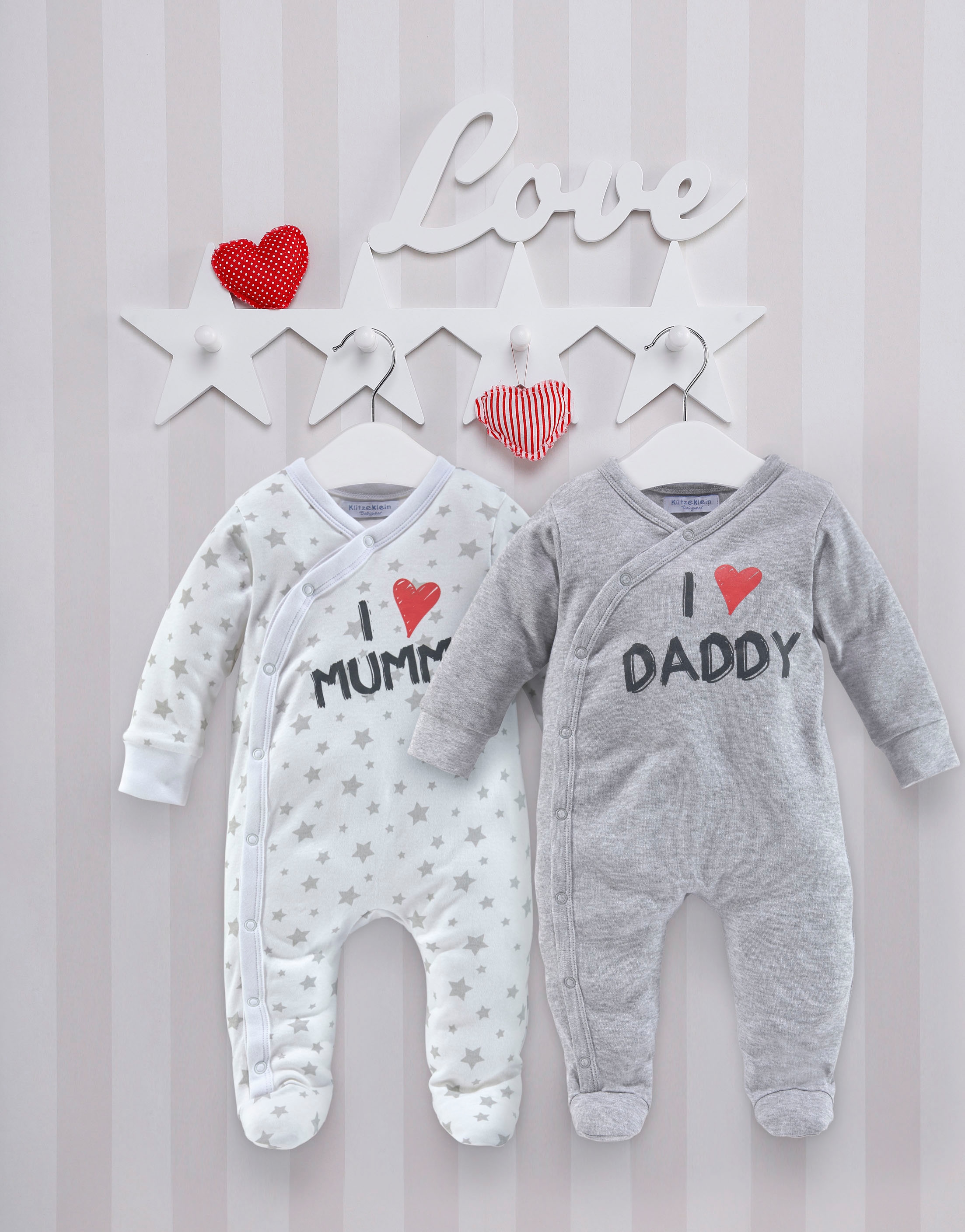 KIDSWORLD Schlafoverall »2er Schlafoveralls: I love Mummy / I love Daddy«, (Packung, 2 tlg.), aus Bio-Baumwolle, Baby-Overalls